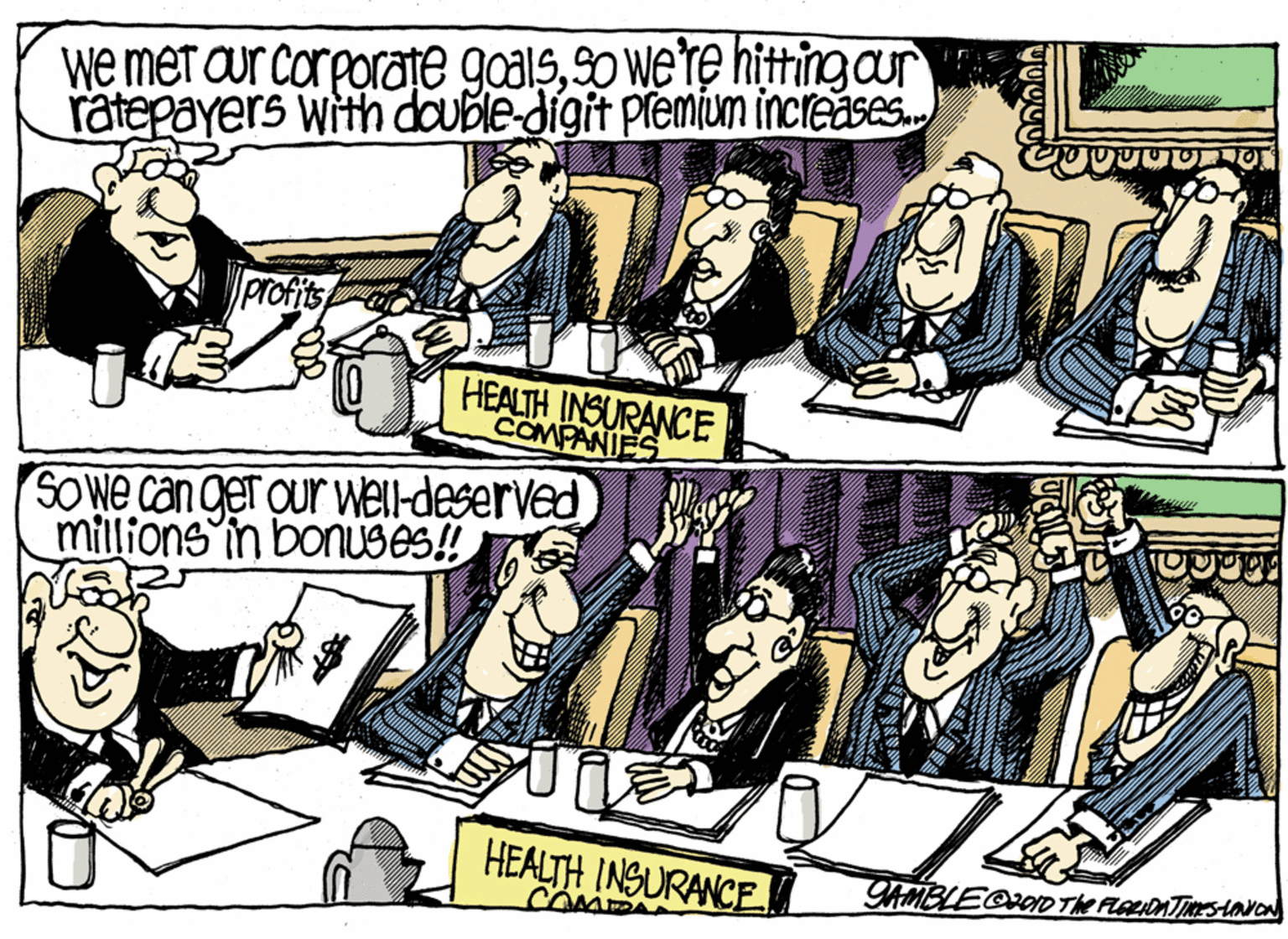 Parallel OCR: we met aur corporate goalsso we're hittingar ratepayers with double digit premium increases. profits HEALTH INSURANCE COMPANIES SOWE can ger our wel-deserved millions in bonUSeS! HEALTH INSURANCE COM we met aur corporate goalsso we're hittingar ratepayers with double digit premium increases. profits HEALTH INSURANCE COMPANIES SOWE can ger our wel-deserved millions in bonUSeS! HEALTH INSURANCE COM