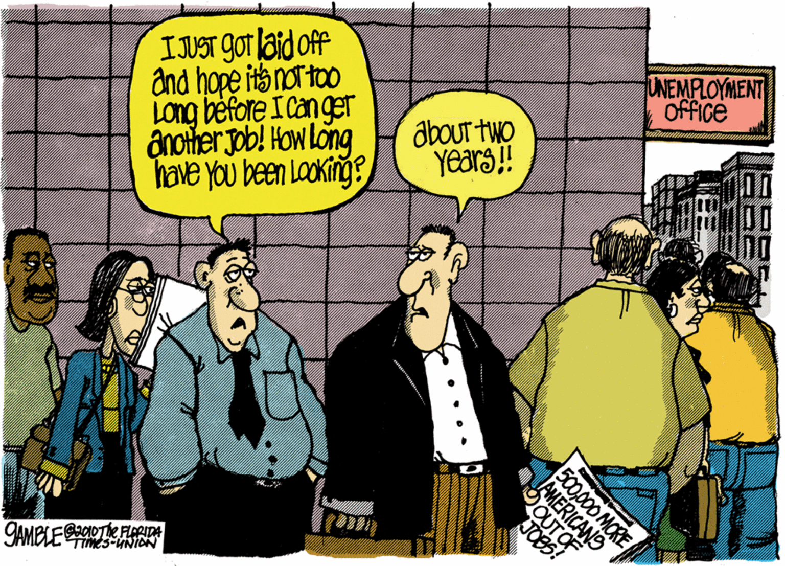 Comic book OCR: INT GOT Laid off and hope itonor too Long before Icanger another Job! How long have you been Looking UNEMPLOYMENT Office abour two YEars ! 9AMBLEOTE FIDA TIMES-UNION 500000 MORE AMERICANS DOUTOF JOBS! INT GOT Laid off and hope itonor too Long before Icanger another Job! How long have you been Looking UNEMPLOYMENT Office abour two YEars ! 9AMBLEOTE FIDA TIMES-UNION 500000 MORE AMERICANS DOUTOF JOBS!