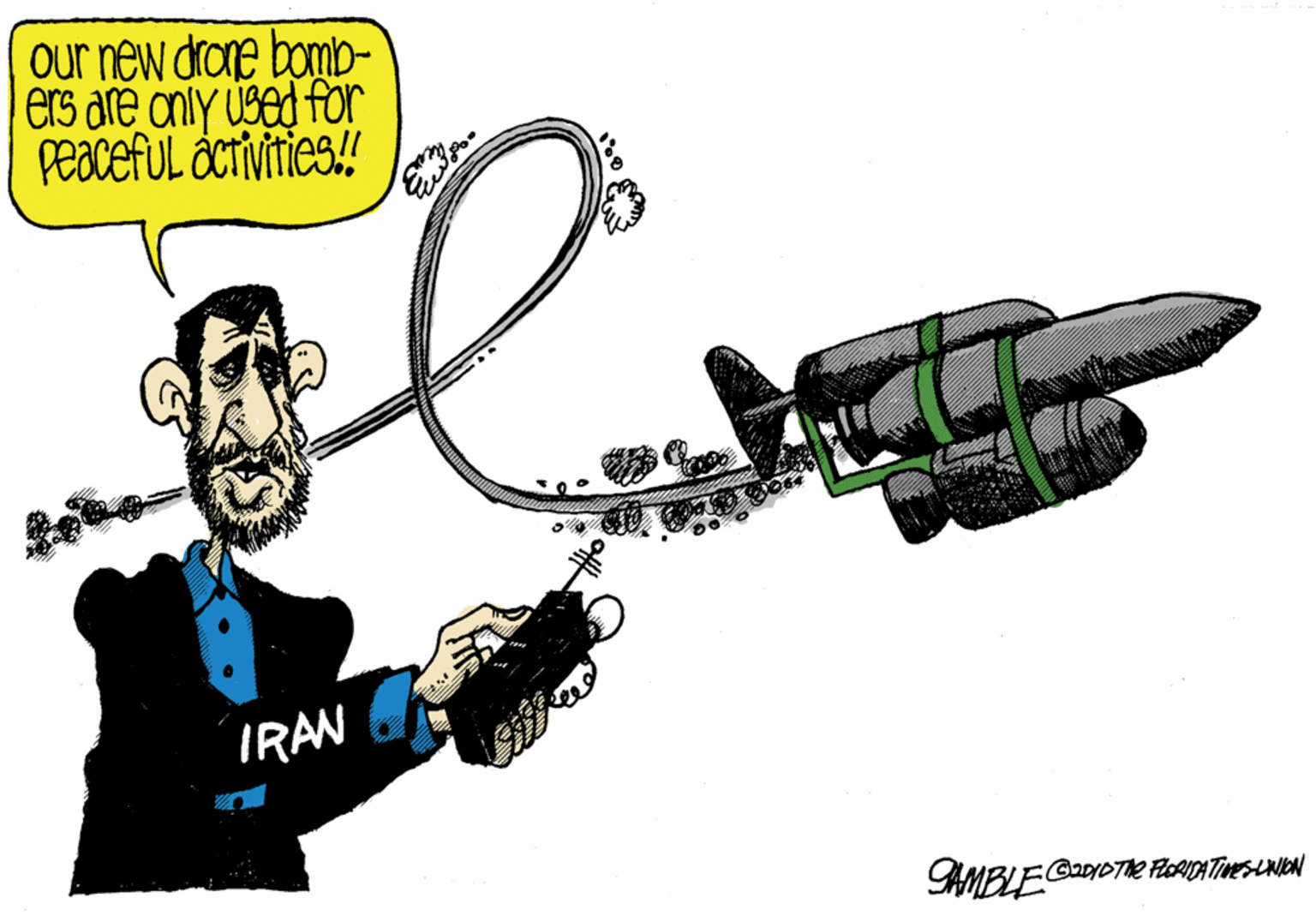Line art OCR: our new drone bomb- ers are only Used for PeacefUL ácTivities! IRAN our new drone bomb- ers are only Used for PeacefUL ácTivities! IRAN
