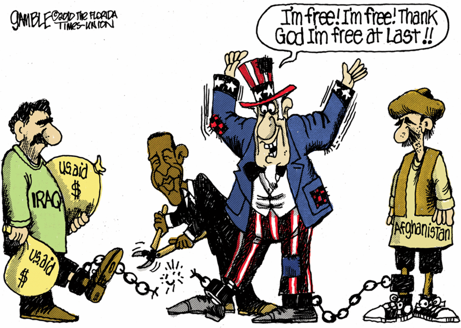 Drawing OCR: UMBLED he FlaADA TINES-UNION Im free!Im free! Thank Gad Im free at Last! USaid IRAG Daghanisian %24 UMBLED he FlaADA TINES-UNION Im free!Im free! Thank Gad Im free at Last! USaid IRAG Daghanisian %24