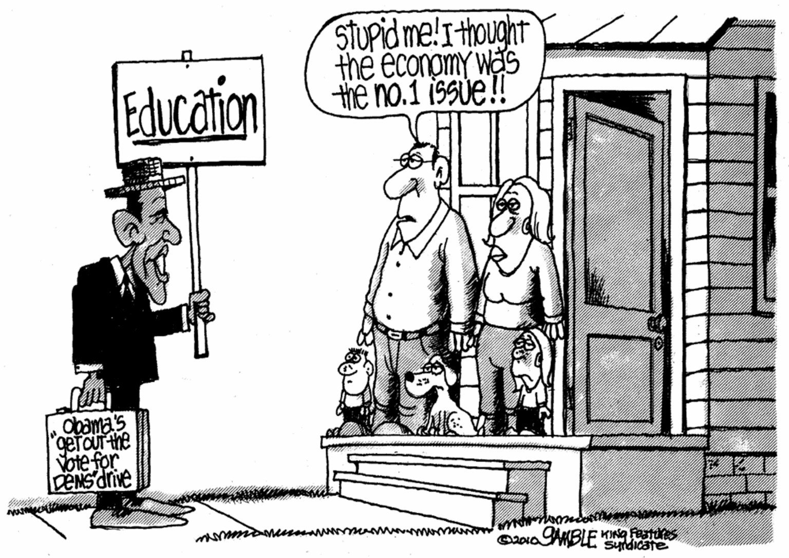 Illustration OCR: stupid me!Ithought the economy was the no.1 issue!! Education Obama's gerour the Vote for DENS drive O20iaAKBLE KING Festdres Syndicate stupid me!Ithought the economy was the no.1 issue!! Education Obama's gerour the Vote for DENS drive O20iaAKBLE KING Festdres Syndicate