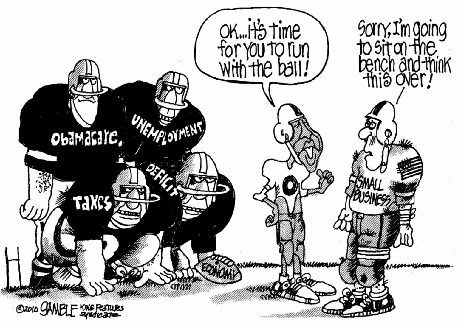 Illustration OCR: OK.HS time for you TO Tun With the bail! GornyI'm going to sitan the bench and think thiô ONer? UNEMPLOYMENT ObImacateDEFICI SMALL Taxes ECONOMY Syndicare OK.HS time for you TO Tun With the bail! GornyI'm going to sitan the bench and think thiô ONer? UNEMPLOYMENT ObImacateDEFICI SMALL Taxes ECONOMY Syndicare