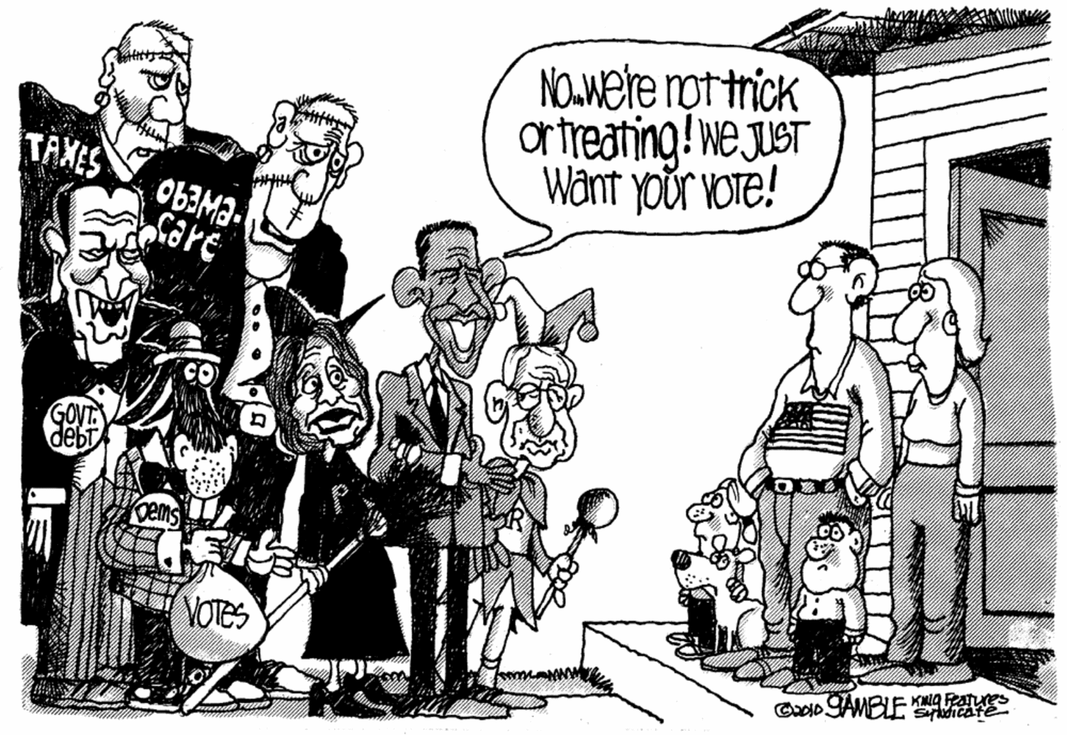 Illustration OCR: NO.Were not trick ortreating! wejuST Want your vOTe! TAXES care GOVT. debr VOTES Caio GAMBLE KNO PaTures Sydicate NO.Were not trick ortreating! wejuST Want your vOTe! TAXES care GOVT. debr VOTES Caio GAMBLE KNO PaTures Sydicate