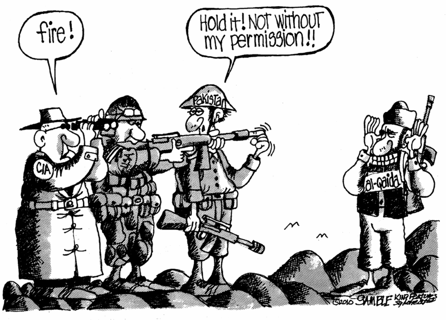 Illustration OCR: fire! HOld it! NOT withour MY permission! CIA GD SAMBLF KIN Fee fire! HOld it! NOT withour MY permission! CIA GD SAMBLF KIN Fee
