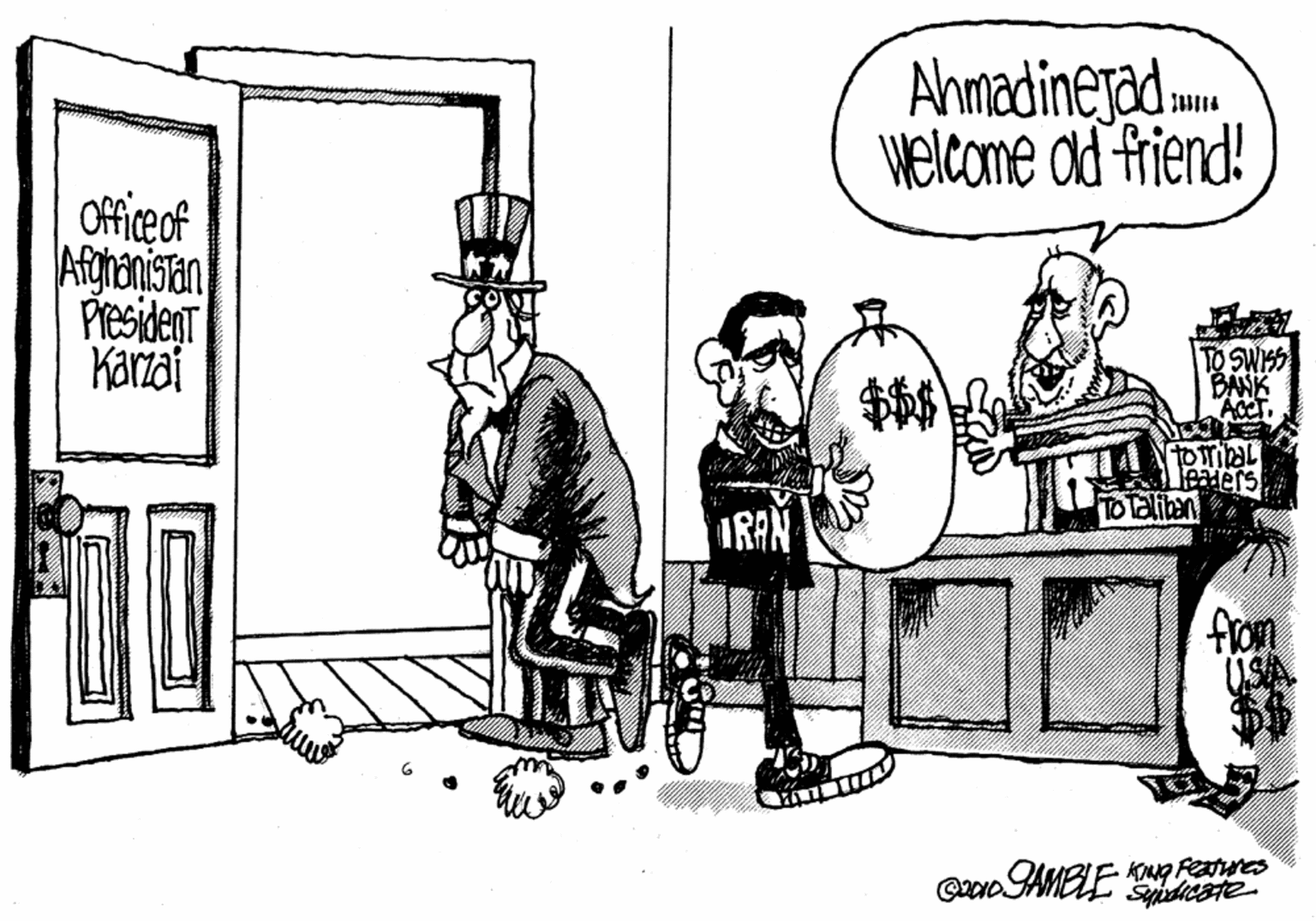 Line art OCR: Ahmadinejad. Welcome ad friend! Officeof Afghanistan PiesidenT Karzai TO SWISS BANK ACCT IRAN from USA Qxao AMELE Feanyes Spicate Ahmadinejad. Welcome ad friend! Officeof Afghanistan PiesidenT Karzai TO SWISS BANK ACCT IRAN from USA Qxao AMELE Feanyes Spicate