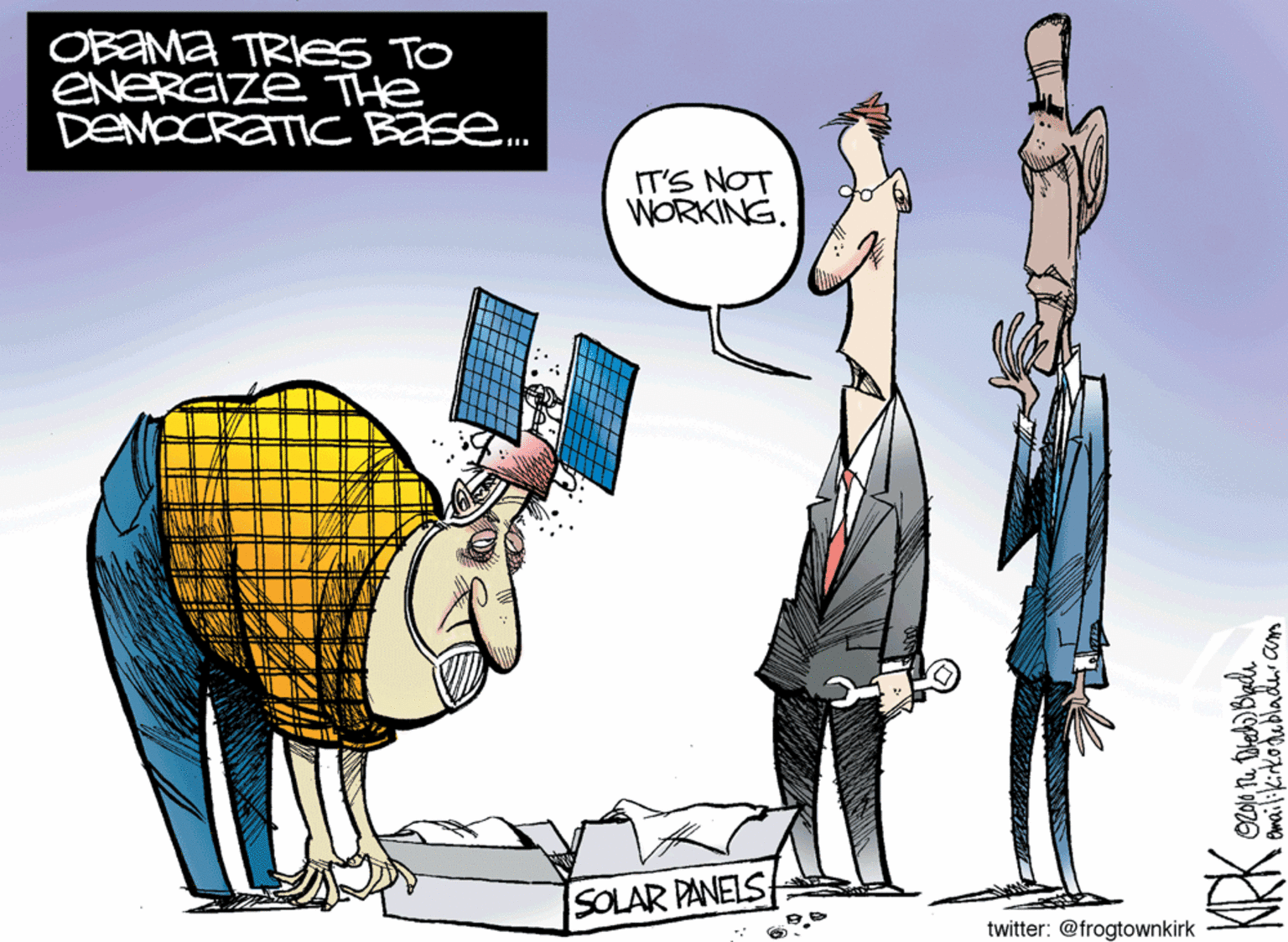 Event OCR: OBAMA TRIES To ENERGIZE The DEMOCRATIC BESe. IT'S NOT WORKING. SOLAR PANELS twitter: @frogtownkirk OBAMA TRIES To ENERGIZE The DEMOCRATIC BESe. IT'S NOT WORKING. SOLAR PANELS twitter: @frogtownkirk
