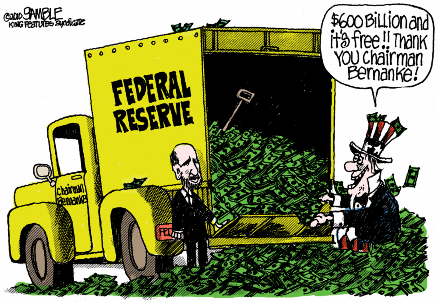 Illustration OCR: Gao AMBLE KING FESTUTBSyndicate $600 BILLIonand its free! Thank YOU Chairman Bernanke! FEDERAL RESERVE chairman aemake FELTE Gao AMBLE KING FESTUTBSyndicate $600 BILLIonand its free! Thank YOU Chairman Bernanke! FEDERAL RESERVE chairman aemake FELTE