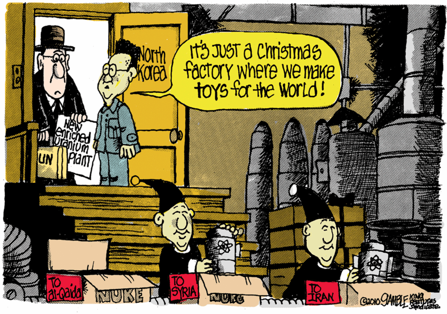 Illustration OCR: tS JUST a Christmas North ekaea factory where we make toys for the world ! eriched Uranium UN Plant TO SYRIA IRAN NUKE tS JUST a Christmas North ekaea factory where we make toys for the world ! eriched Uranium UN Plant TO SYRIA IRAN NUKE