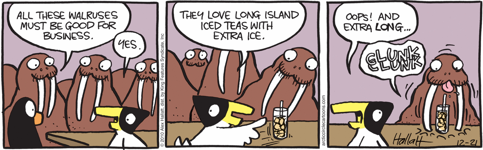 Animation OCR: ALL THESE WALRUSES MUST BE GOOD FOR BUSINESS. THEY LOVE LONG ISLAND ICED TEAS WITH EXTRA ICE. OOPS! AND EXTRA LONG. YES. Hallatf ALL THESE WALRUSES MUST BE GOOD FOR BUSINESS. THEY LOVE LONG ISLAND ICED TEAS WITH EXTRA ICE. OOPS! AND EXTRA LONG. YES. Hallatf
