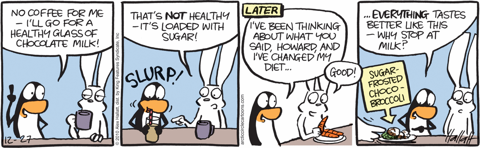 Beak OCR: NO COFFEE FOR ME - I'LL GO FOR A HEALTHY GLASS OF CHOCOLATE MILK! LATER THAT'S NOT HEALTHY -IT'S LOADED WITH SUGAR! I'VE BEEN THINKING ABOUT WHAT yOU SAIDAND I'VE CHANGEDMY DIET. EVERYTHING TASTES BETTER UKE THIS WHY STOP AT MILK? SLURP GOOD! SUGAR- FROSTED CHOCO - BROCCOLI 12-27 NO COFFEE FOR ME - I'LL GO FOR A HEALTHY GLASS OF CHOCOLATE MILK! LATER THAT'S NOT HEALTHY -IT'S LOADED WITH SUGAR! I'VE BEEN THINKING ABOUT WHAT yOU SAIDAND I'VE CHANGEDMY DIET. EVERYTHING TASTES BETTER UKE THIS WHY STOP AT MILK? SLURP GOOD! SUGAR- FROSTED CHOCO - BROCCOLI 12-27