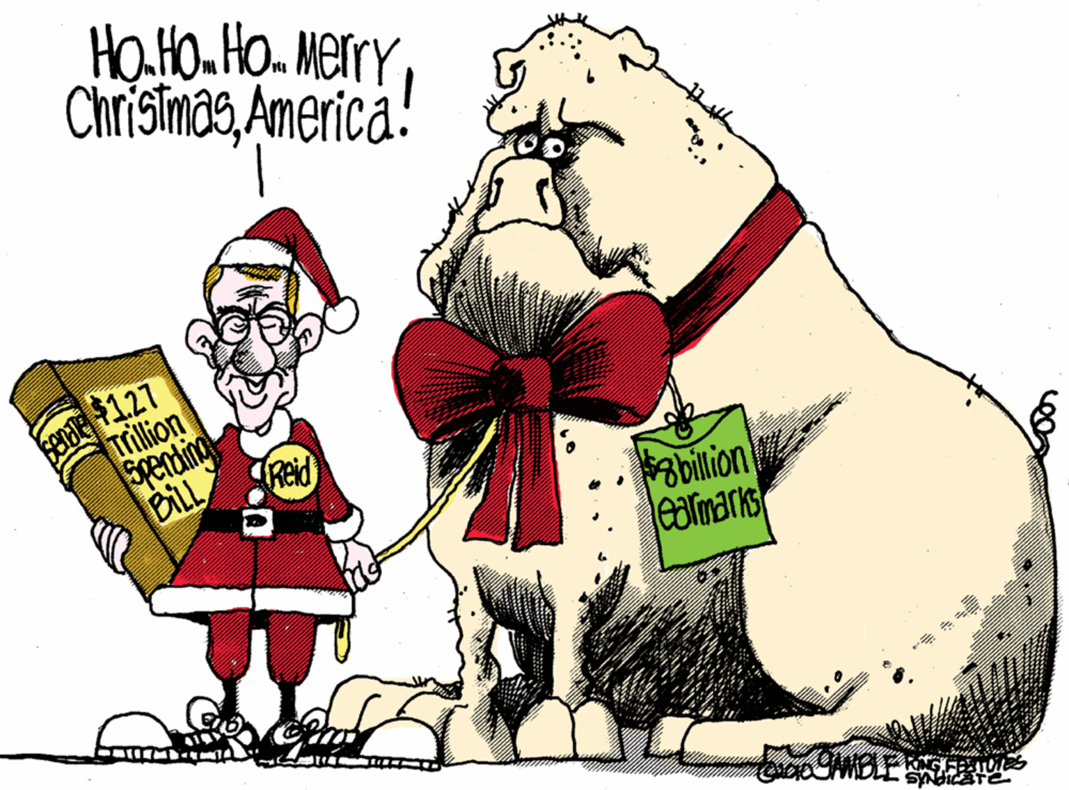 Line OCR: Ha Ho Ho. Merry ChrisimasAmerica! $1.27 Trillion Spending BILL billion eamarks Ha Ho Ho. Merry ChrisimasAmerica! $1.27 Trillion Spending BILL billion eamarks