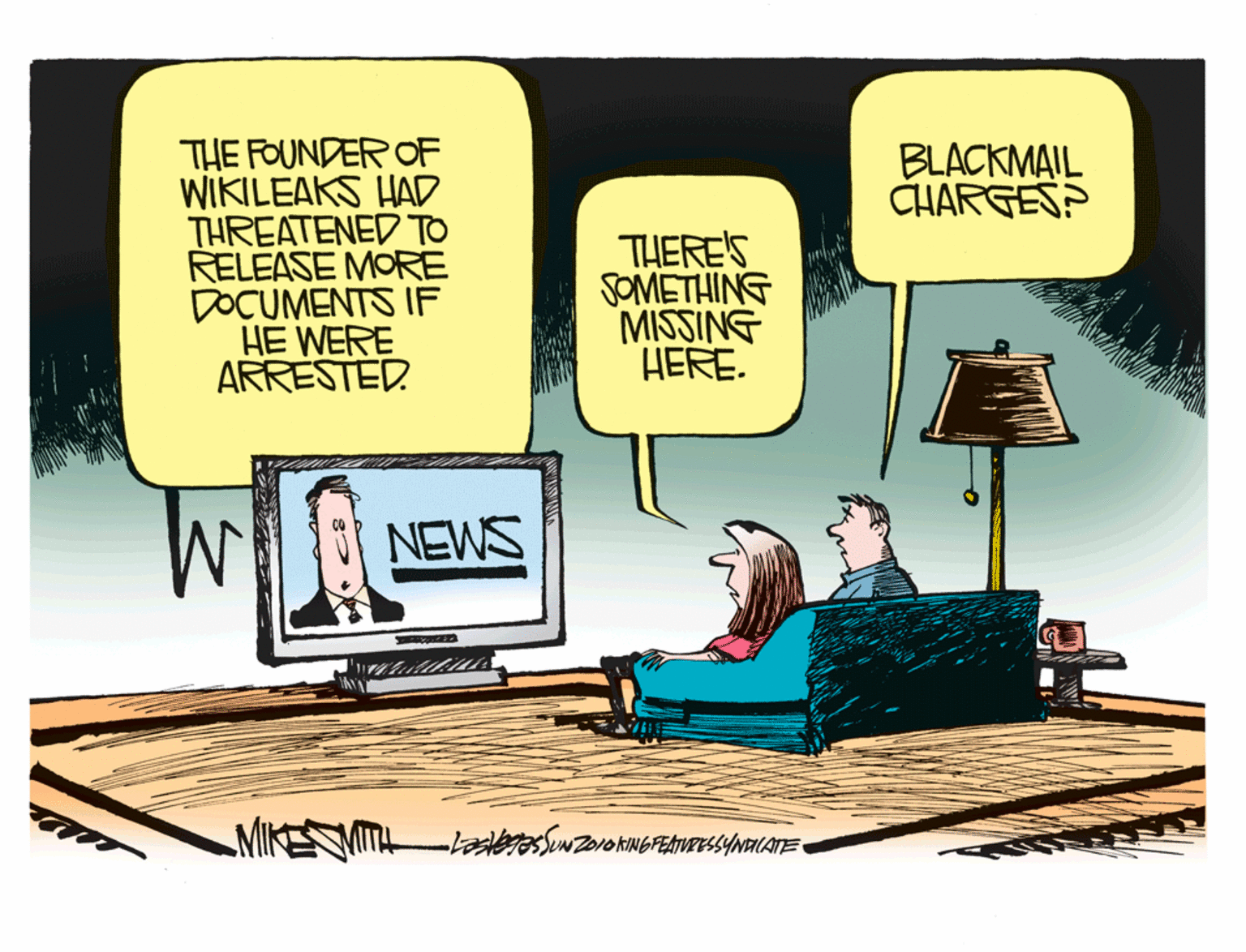 Drawing OCR: THE FOUNDER OF WIKILEAKS HAD THREATENED TO RELEASE MORE DOCUMENTS IF HE WERE ARRESTED. BLACKMAIL CHARGES? THERE'S JOMETHING MISSING HERE. NEWS THE FOUNDER OF WIKILEAKS HAD THREATENED TO RELEASE MORE DOCUMENTS IF HE WERE ARRESTED. BLACKMAIL CHARGES? THERE'S JOMETHING MISSING HERE. NEWS
