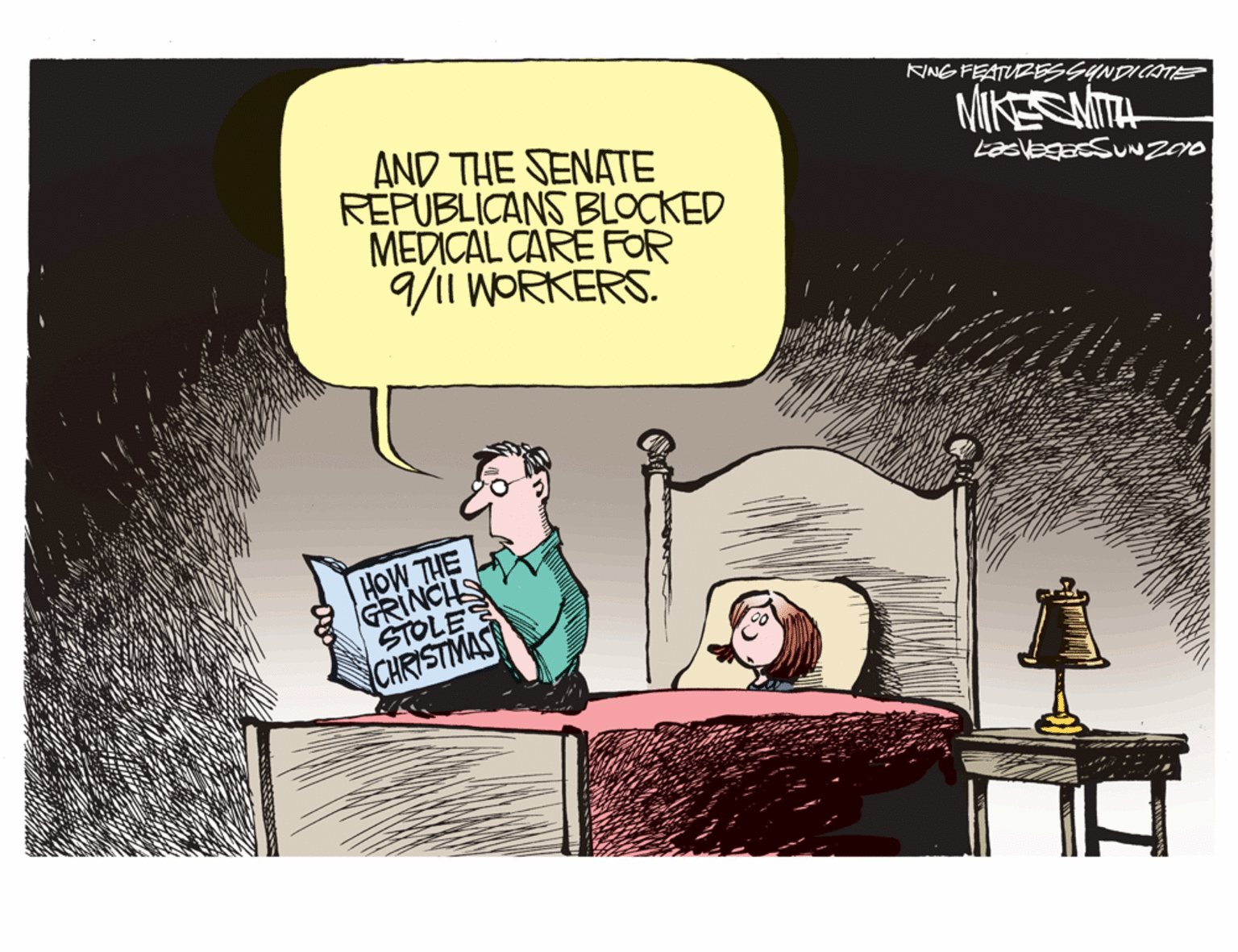 Conversation OCR: KING FEATURESSYNDICATE AND THE SENATE REPUBLICANS BLOCKED MEDICAL CARÉ FOR /iI WORKERS. MIKESMITH HOW THE GRINCHS STOLE CHRISTIMAS KING FEATURESSYNDICATE AND THE SENATE REPUBLICANS BLOCKED MEDICAL CARÉ FOR /iI WORKERS. MIKESMITH HOW THE GRINCHS STOLE CHRISTIMAS