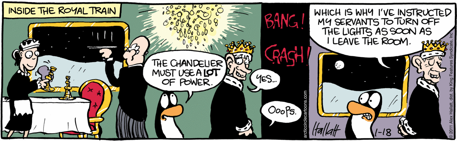Humour OCR: INSIDE THE ROYALTRAIN WHICH IS WHY I'VE INSTRUCTED BANG MY SERVANTS TO TURN OFF THE LIGHTS AS SOON AS I LEAVE THE ROOM. RASH THE CHANDELIER MUST USEA LOT OF POWER. YES. Ooops. (Hallatt (-18 INSIDE THE ROYALTRAIN WHICH IS WHY I'VE INSTRUCTED BANG MY SERVANTS TO TURN OFF THE LIGHTS AS SOON AS I LEAVE THE ROOM. RASH THE CHANDELIER MUST USEA LOT OF POWER. YES. Ooops. (Hallatt (-18