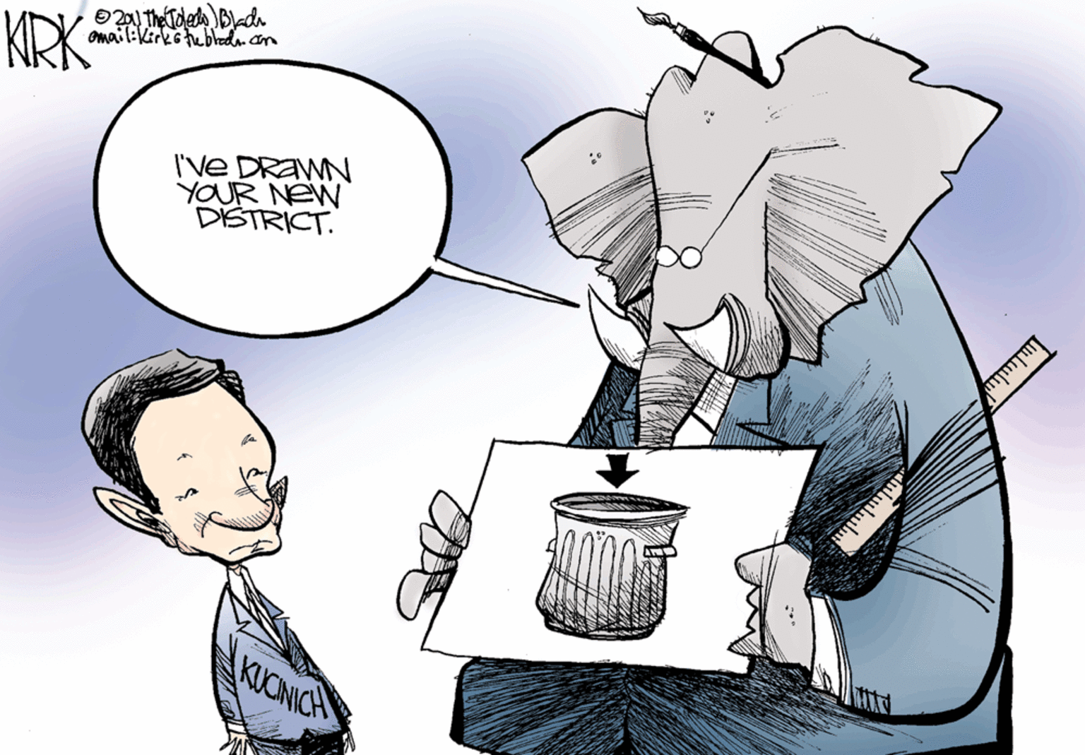Line OCR: KIRK omail:Kirks tebled.am I'Ve DRAWN YOUR NEW DISTRICT. KUCINICH KIRK omail:Kirks tebled.am I'Ve DRAWN YOUR NEW DISTRICT. KUCINICH