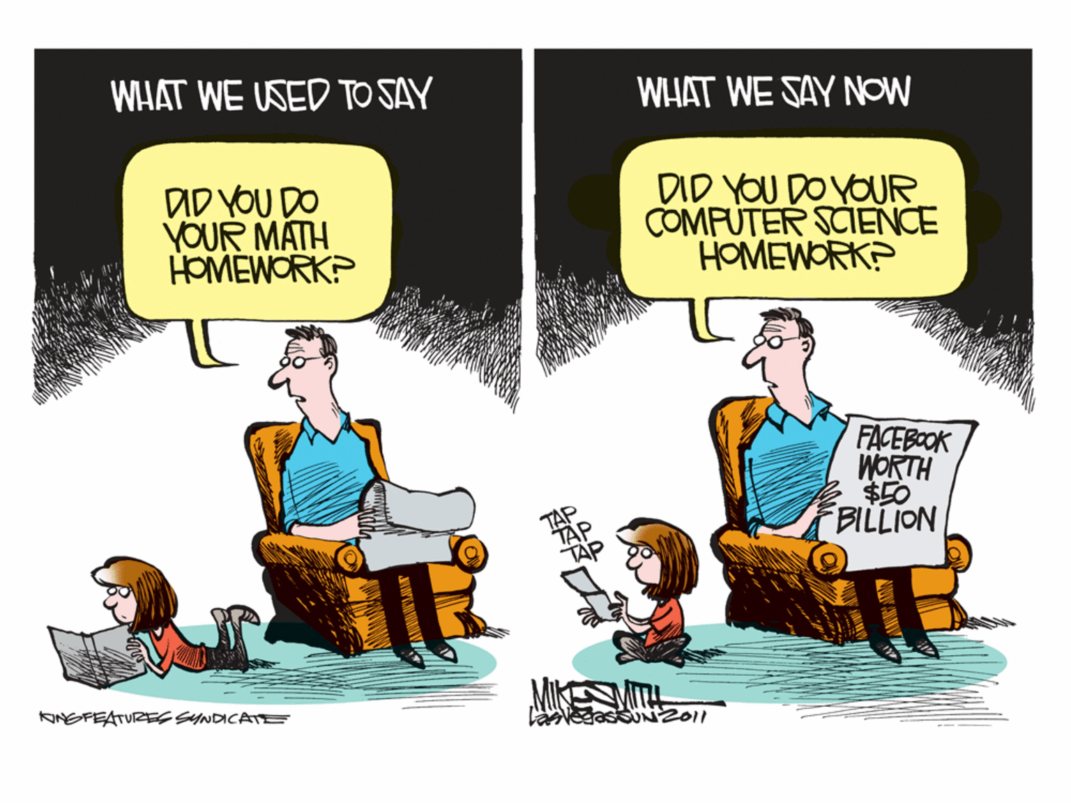 Art OCR: WHAT WE USED TO SAY WHAT WE SAY NOW DD YOU DO YOUR MATH HOMEWORK? DID YOU DO YOUR COMPUTER SCIENCE HOMEWORK? FACEBOOK WORTH $E0 BILLION KNEFEATURES SYNDICATE WHAT WE USED TO SAY WHAT WE SAY NOW DD YOU DO YOUR MATH HOMEWORK? DID YOU DO YOUR COMPUTER SCIENCE HOMEWORK? FACEBOOK WORTH $E0 BILLION KNEFEATURES SYNDICATE
