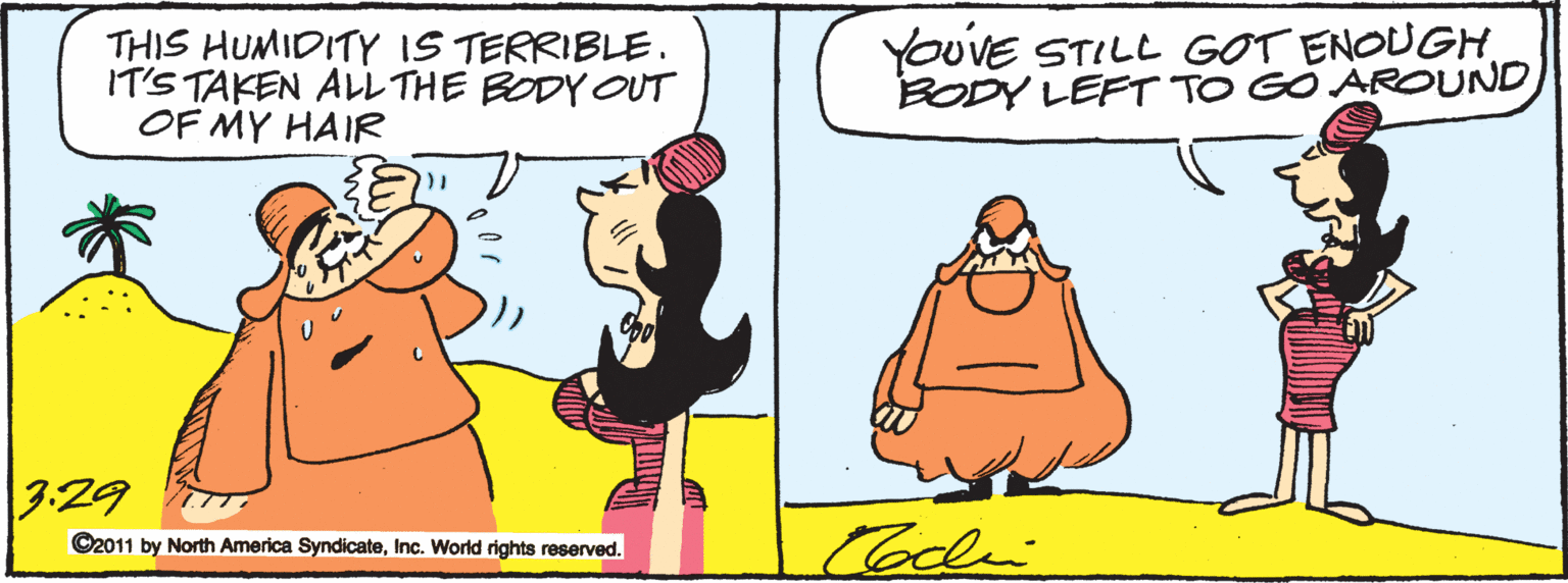 Animated cartoon OCR: THIS HUMIDITY IS TERRIBLE. IT'S TAKEN ALL THE BODY OUT OF MY HAIR YOUVE STILL GOT ENOUGH BODY LEFT TO GO AROUND 3:29 Cocdi ©2011 by North America SyndicateInc. World rights reserved. THIS HUMIDITY IS TERRIBLE. IT'S TAKEN ALL THE BODY OUT OF MY HAIR YOUVE STILL GOT ENOUGH BODY LEFT TO GO AROUND 3:29 Cocdi ©2011 by North America SyndicateInc. World rights reserved.