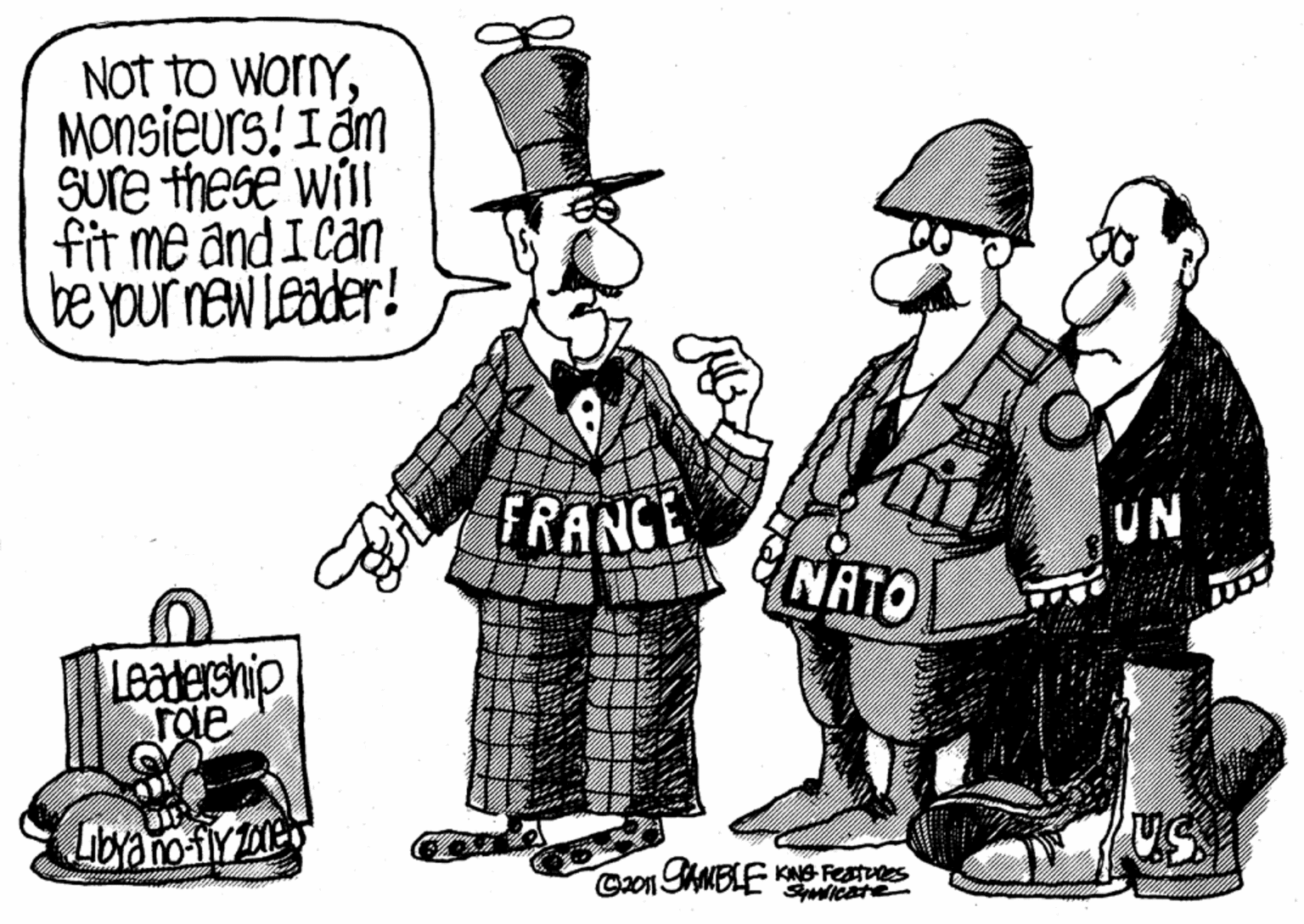 Costume hat OCR: Not to worryMonsieurs! I?m Sure these will fit me and Ican be your new Leader! ERANCE UN NATO Lealership role C201 SANBLE KNG FestuRes Not to worryMonsieurs! I?m Sure these will fit me and Ican be your new Leader! ERANCE UN NATO Lealership role C201 SANBLE KNG FestuRes