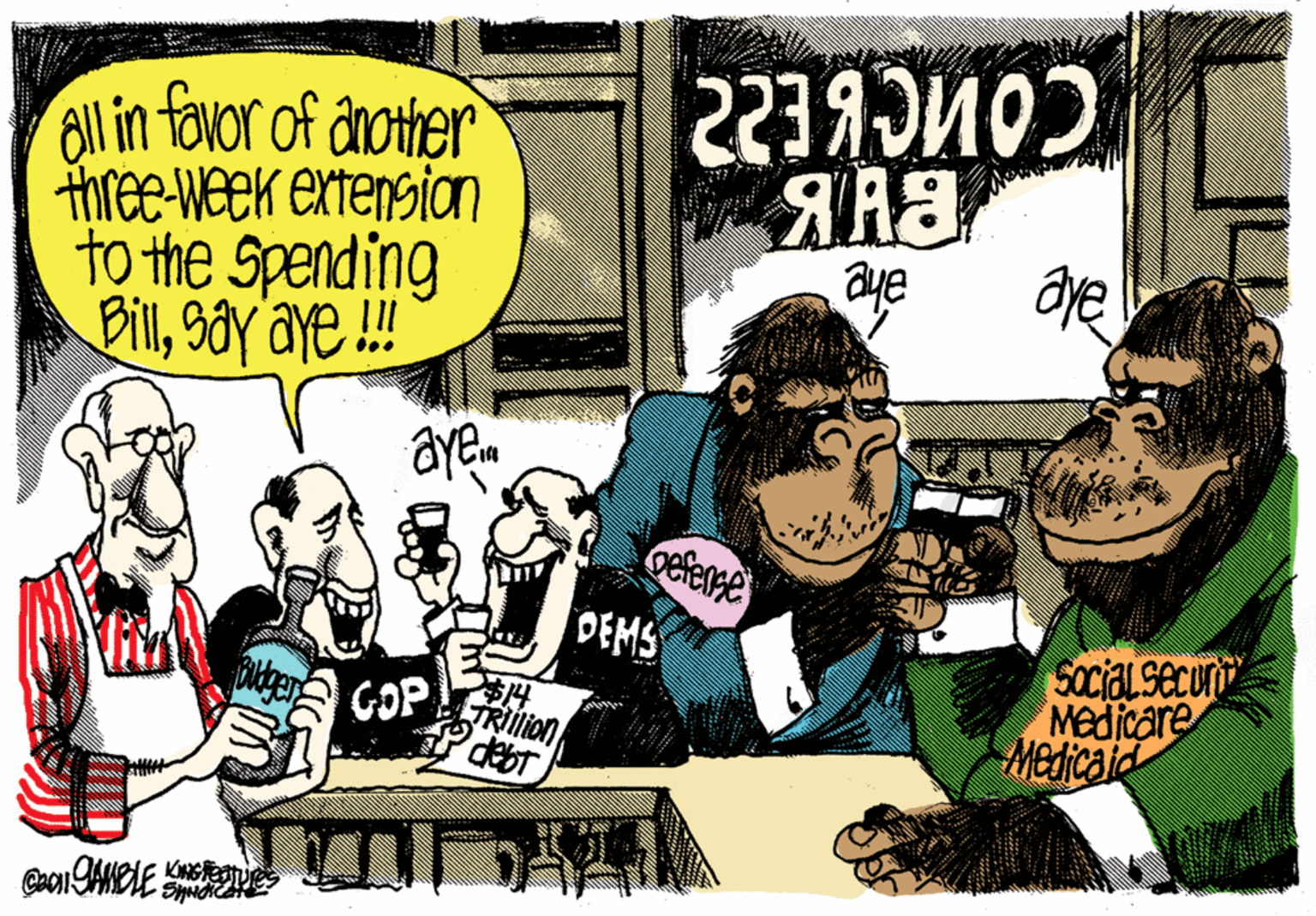 Illustration OCR: all in fovor of another three-Week extensian to the Spending Bill9ay aye ! CONCEEZ aye gefense DEMS $14 TRIlion SOcial securi Medicare Medicaid GJP all in fovor of another three-Week extensian to the Spending Bill9ay aye ! CONCEEZ aye gefense DEMS $14 TRIlion SOcial securi Medicare Medicaid GJP