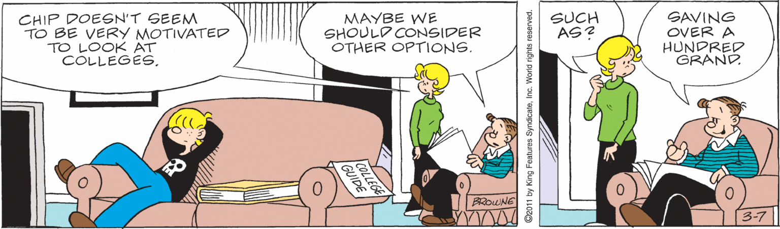 People OCR: CHIP DOESN'T SEEM TO BE VERY MOTIVATED TO LOOK AT COLLEGES. MAYBE WE SHOULD CONSIDER OTHER OPTIONSSUCH AS? SAVING OVER A HUNDRED GRAND. BROWNE 3-7 C2011 by King Features SyndicateInc. World rights reserved. COLLEGE GUIDE/ CHIP DOESN'T SEEM TO BE VERY MOTIVATED TO LOOK AT COLLEGES. MAYBE WE SHOULD CONSIDER OTHER OPTIONSSUCH AS? SAVING OVER A HUNDRED GRAND. BROWNE 3-7 C2011 by King Features SyndicateInc. World rights reserved. COLLEGE GUIDE/