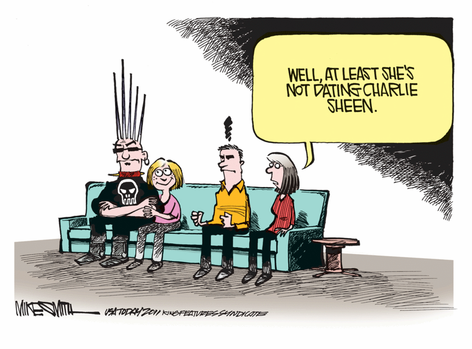Conversation OCR: WELLAT LEAST SHE'S NOT DATINGCHARLIE SHEEN. MIKESVIMA VSATODAYZOII KINGFEATURESSINDICATE WELLAT LEAST SHE'S NOT DATINGCHARLIE SHEEN. MIKESVIMA VSATODAYZOII KINGFEATURESSINDICATE