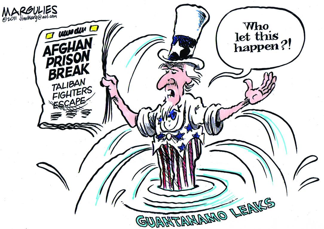 Ink OCR: MARGULIES Oion JimmargCaol.com AFGHAN PRISON BREAK let this happen?! TALIBAN FIGHTERS ASCAPE GUANTAHAMO LEAKS MARGULIES Oion JimmargCaol.com AFGHAN PRISON BREAK let this happen?! TALIBAN FIGHTERS ASCAPE GUANTAHAMO LEAKS