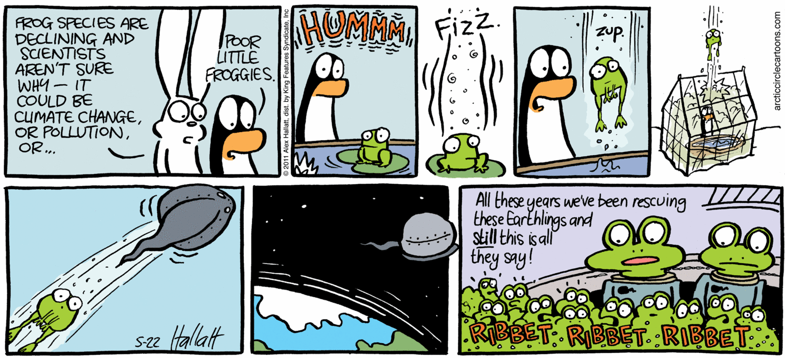 Animation OCR: ARGrIC CRaE MOMA FROG SPECIES ARE DECLINING AND SIENTISTS AREN'T SURE WHY - IT COULD BE CUMÂTE CHANGEzup. POOR LITTLE FROGGIES. All these years weve been rescuing these EarEhlings and still this isal they say! sz falatt ET. RIBBET BY ALEX HALLATT ARGrIC CRaE MOMA FROG SPECIES ARE DECLINING AND SIENTISTS AREN'T SURE WHY - IT COULD BE CUMÂTE CHANGEOR POLLUTIONzup. POOR LITTLE FROGGIES. All these years weve been rescuing these EarEhlings and still this isal they say! sz falatt ET. RIBBET BY ALEX HALLATT