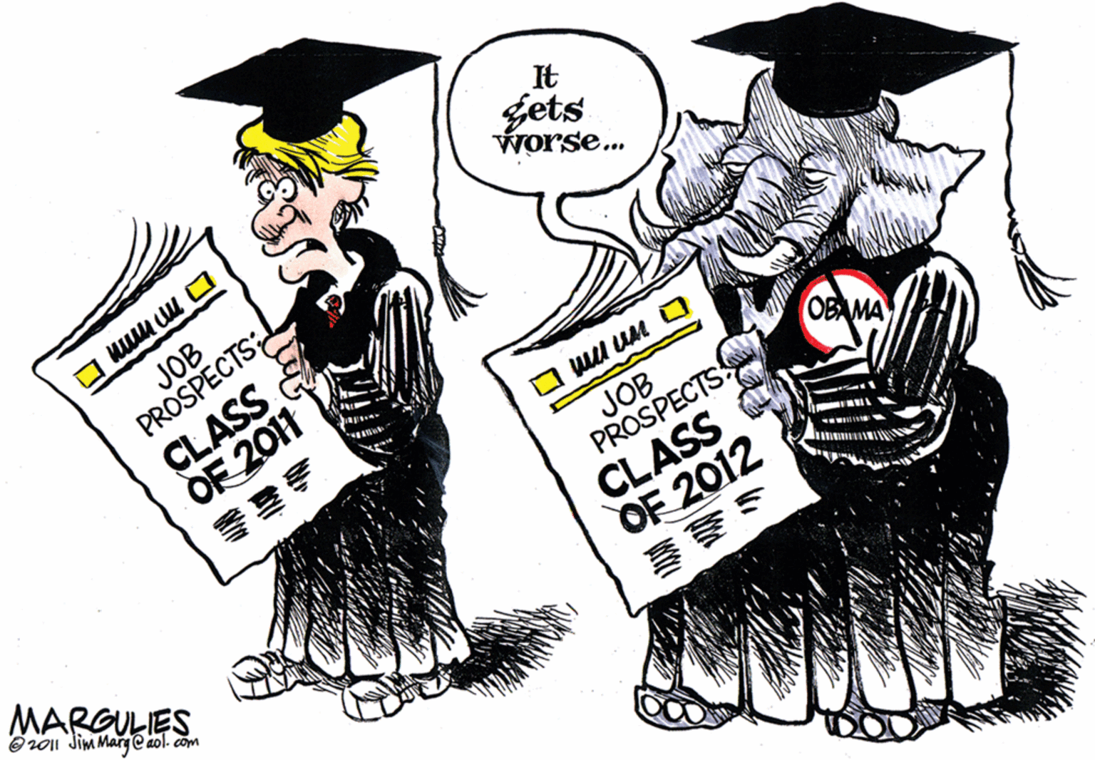 Graphic design OCR: It Gets worse. JOB PROSPECTS CLASS OF 2011 O ml UM 0 OBAMA JOB PROSPECTS CLASS OF 2012 MARGULIES Or011 JimMary Caol. com It Gets worse. JOB PROSPECTS CLASS OF 2011 O ml UM 0 OBAMA JOB PROSPECTS CLASS OF 2012 MARGULIES Or011 JimMary Caol. com