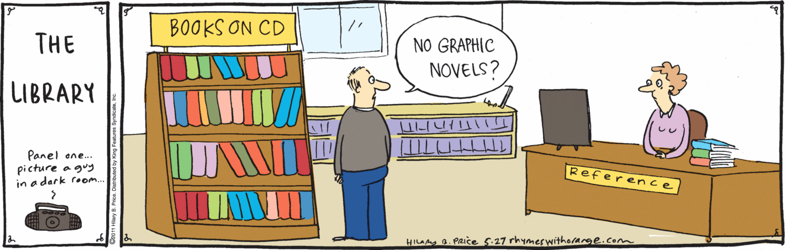 Animated cartoon OCR: BOOKS ON CD THE NO GRAPHIC NOVELS? LIBRARY ?? Panel ane.. picture a guy in a dark roo. Reference HILAy 0. Paice 5.27 rhymeswitholange.com BOOKS ON CD THE NO GRAPHIC NOVELS? LIBRARY ?? Panel ane.. picture a guy in a dark roo. Reference HILAy 0. Paice 5.27 rhymeswitholange.com