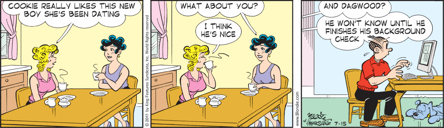 Interaction OCR: AND DAGWOOD? COOKIE REALLY LIKES THIS NEW BOY SHE'S BEEN DATING WHAT ABOUT YOU? I THINK HE'S NICE HE WON'T KNOW UNTIL HE FINISHES HIS BACKGROUND CHECK +ARSIAE 7-15 AND DAGWOOD? COOKIE REALLY LIKES THIS NEW BOY SHE'S BEEN DATING WHAT ABOUT YOU? I THINK HE'S NICE HE WON'T KNOW UNTIL HE FINISHES HIS BACKGROUND CHECK +ARSIAE 7-15