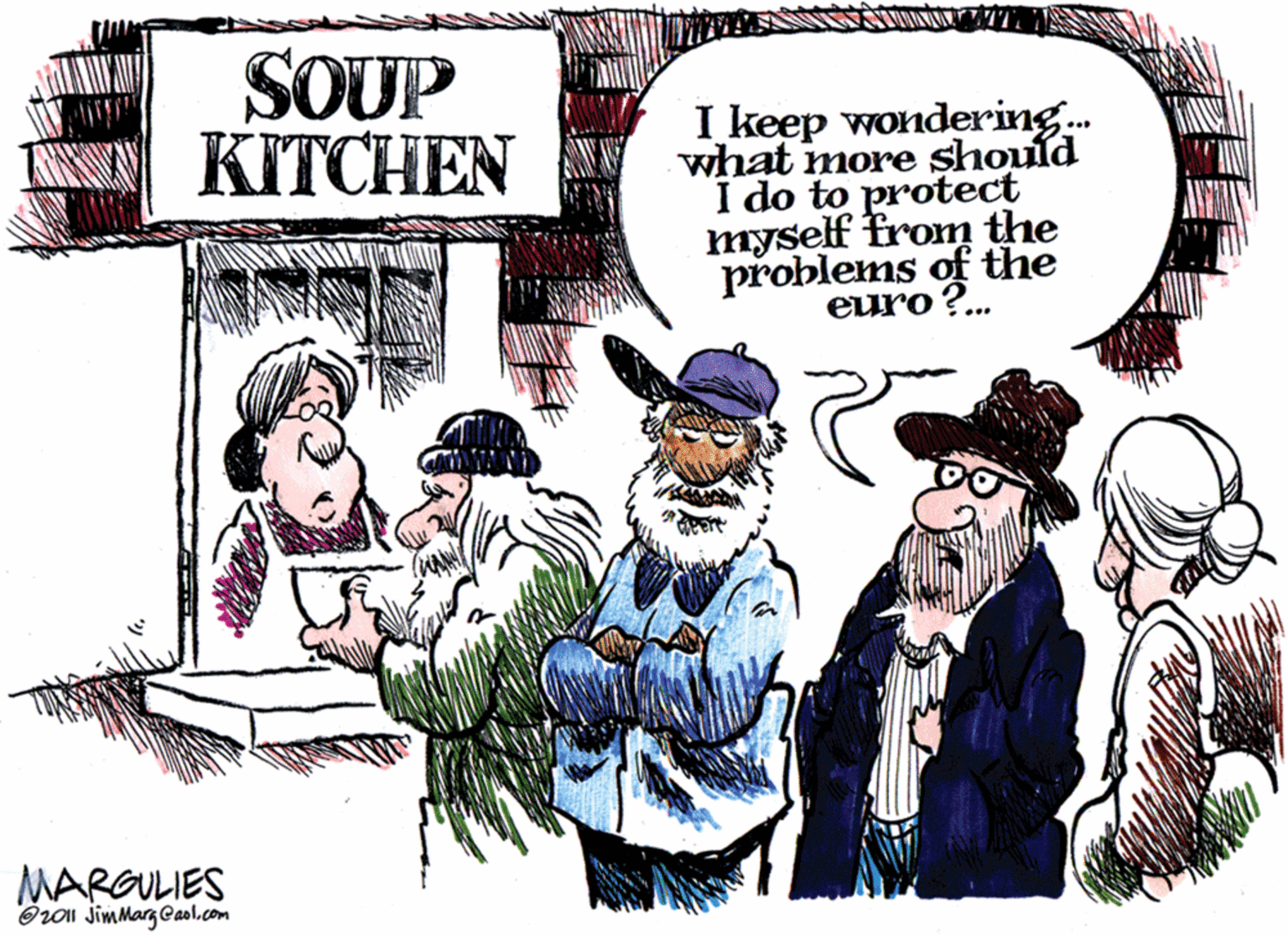 Animation OCR: SOUP KITCHEN I keep wondering. what more shouíd I do to protect myself from the problems of the euro ?... MARGULIES Oroi Jimmarg Casl.com SOUP KITCHEN I keep wondering. what more shouíd I do to protect myself from the problems of the euro ?... MARGULIES Oroi Jimmarg Casl.com