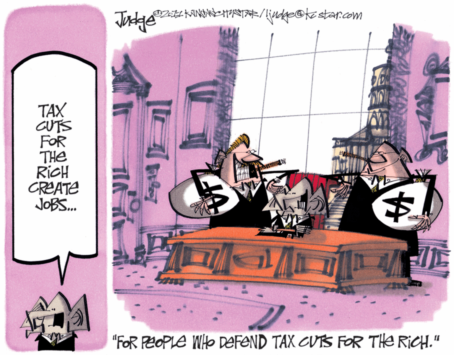Graphics OCR: TAX CUTS FOR THe RICH CREATE JOBS. "FOR PEOPLE WHO DEFEND TAX CUTS FOR THe RICH." TAX CUTS FOR THe RICH CREATE JOBS. "FOR PEOPLE WHO DEFEND TAX CUTS FOR THe RICH."