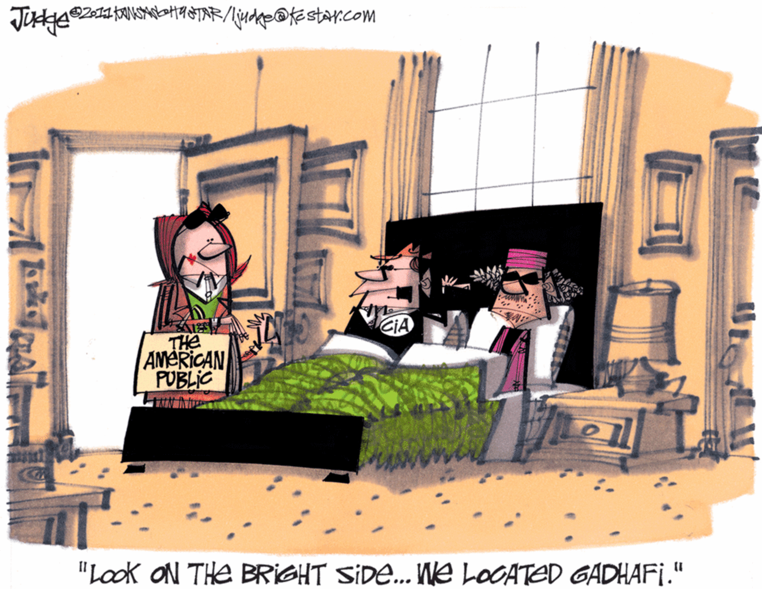 Facade OCR: THe AMERICAN PUBLIC "Lok ON THE BRIGHT SIDE... We LOCATED GADHAFI." THe AMERICAN PUBLIC "Lok ON THE BRIGHT SIDE... We LOCATED GADHAFI."