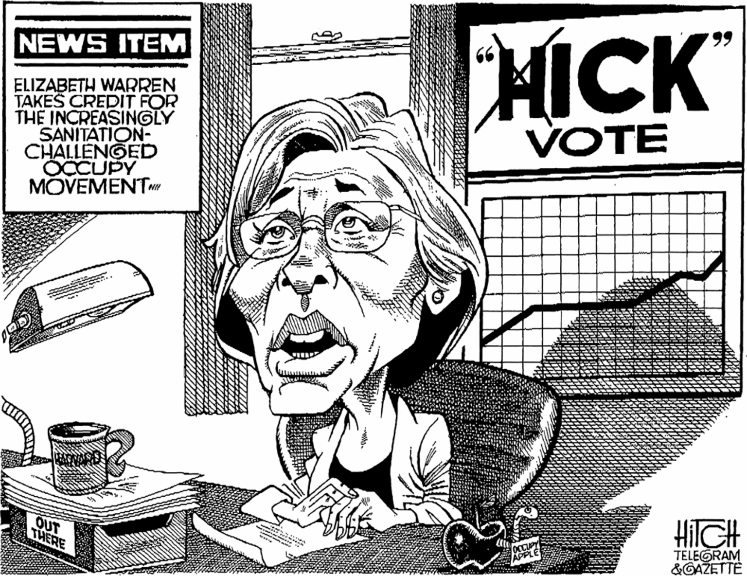 Illustration OCR: HICK NEWS ITEM ELIZABETH WARREN TAKES CREDIT FOR THE INCREASINGLY SANITATION- CHALLENGED ÖCCUPY MOVEMENTn VOTE HITCH OUT THERE TELEGRAM &GAŽETTE HICK NEWS ITEM ELIZABETH WARREN TAKES CREDIT FOR THE INCREASINGLY SANITATION- CHALLENGED ÖCCUPY MOVEMENTn VOTE HITCH OUT THERE TELEGRAM &GAŽETTE