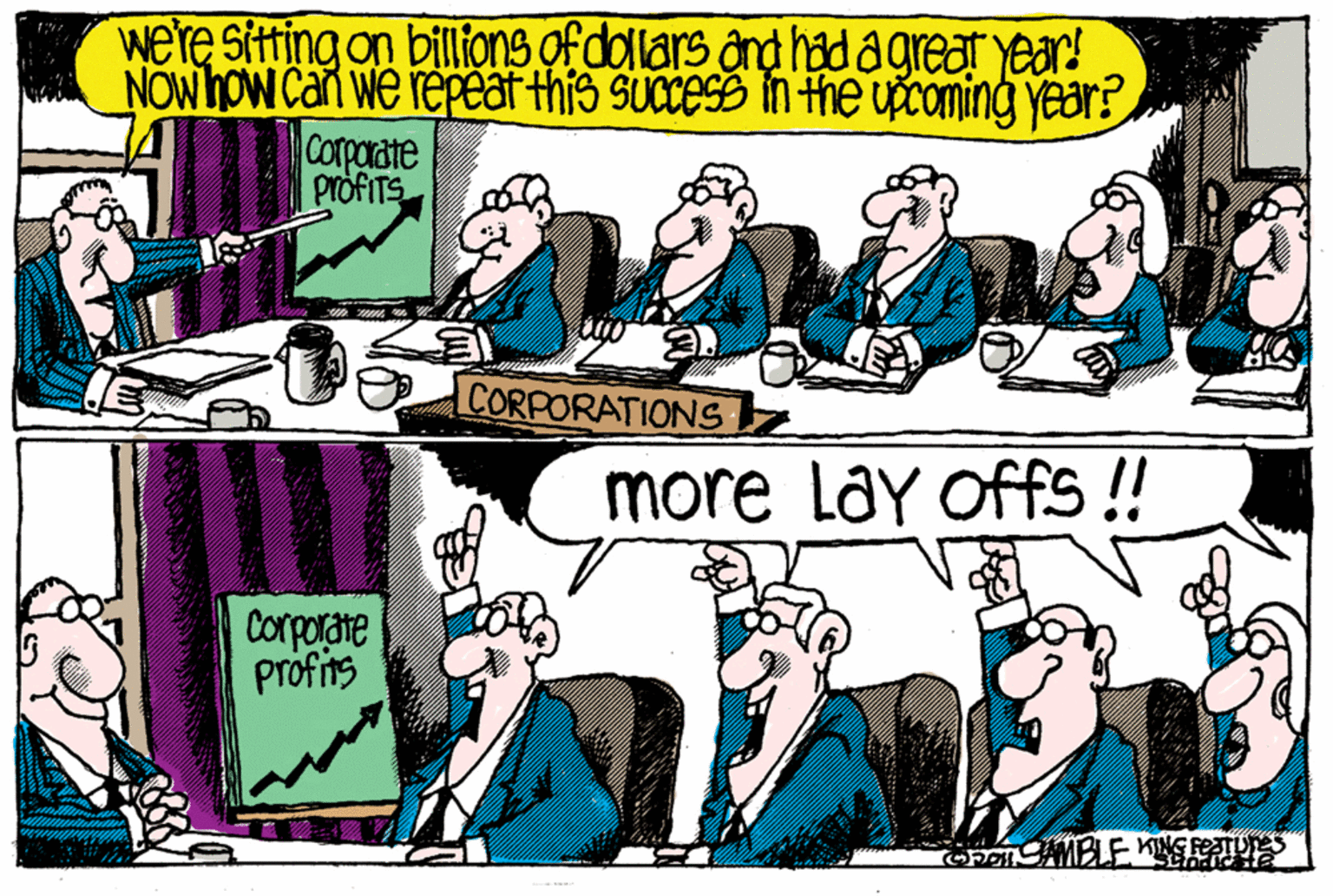 Parallel OCR: we're sitting on billions of dollars ard had a great year! NOWHOW cari we rePeat this succese in the upcoming year? Corporate profITS CORPORATIONS more Lay offs!! Corporate profins MELE KE we're sitting on billions of dollars ard had a great year! NOWHOW cari we rePeat this succese in the upcoming year? Corporate profITS CORPORATIONS more Lay offs!! Corporate profins MELE KE