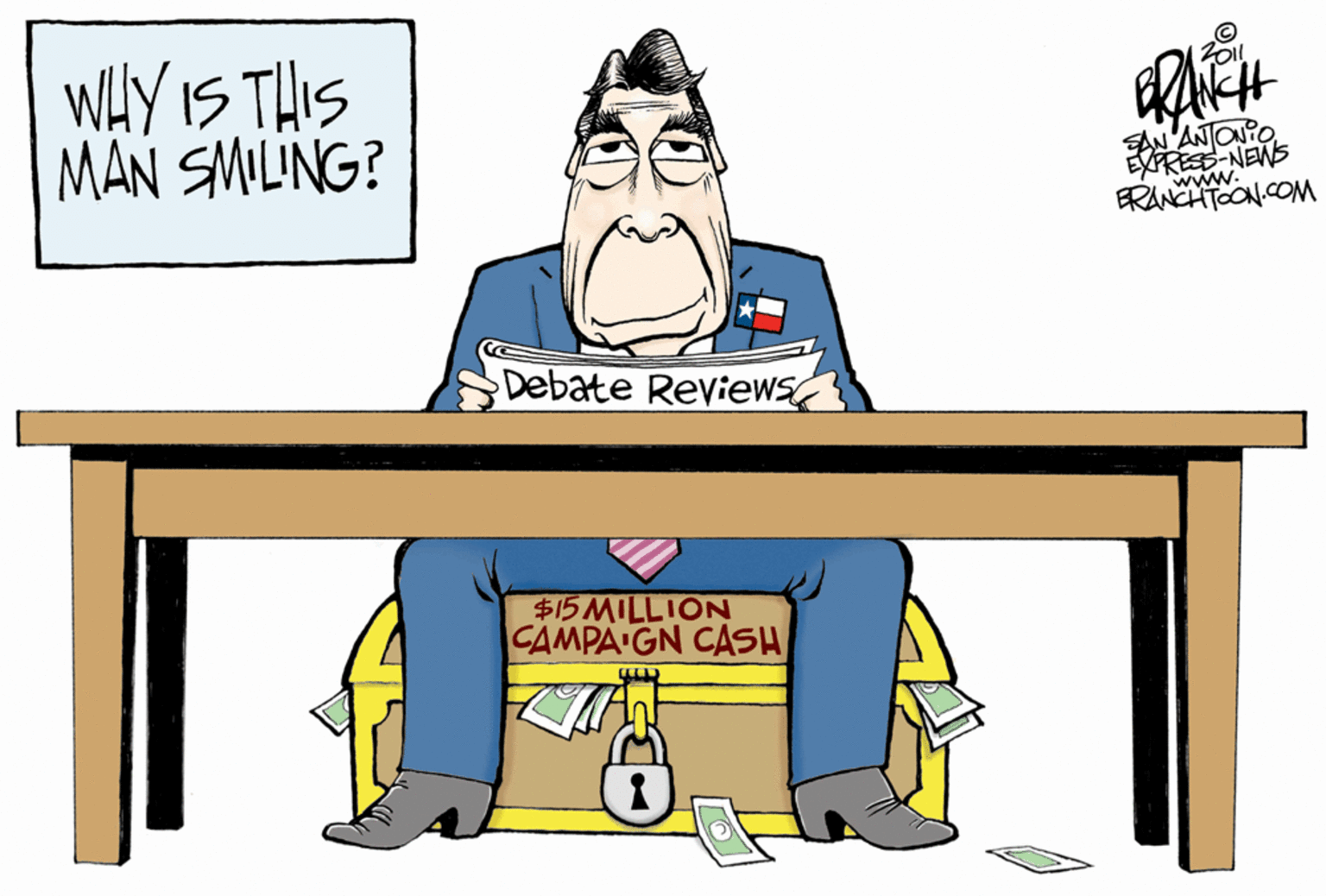 Illustration OCR: WHY IS THIS MAN SMILING? SAN'ANJONTO EXPRESE-NEWS www. ERANCHTOON.COM Debate Reviews $15 MILLION CAMPA GN CASH WHY IS THIS MAN SMILING? SAN'ANJONTO EXPRESE-NEWS www. ERANCHTOON.COM Debate Reviews $15 MILLION CAMPA GN CASH