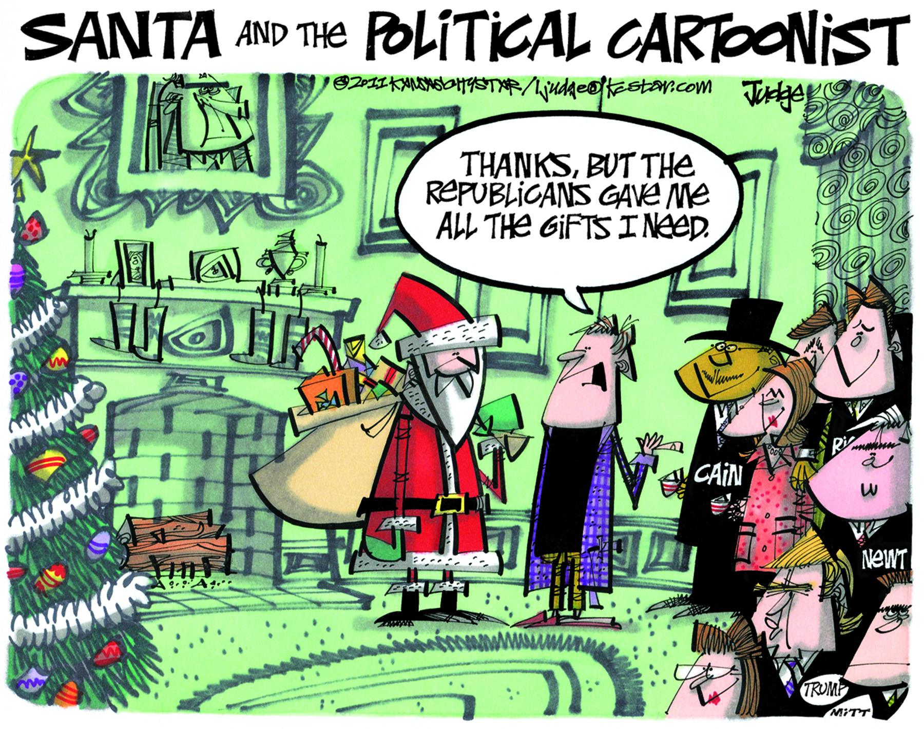 Fictional character OCR: SANTA AND THE POLITICAL CARTOONIST THANKSBUT THE REPUBLICANS GAVE Me ALL THE GIFTS I NeeD. ? CAIN NEWT TRUMP MITT SANTA AND THE POLITICAL CARTOONIST THANKSBUT THE REPUBLICANS GAVE Me ALL THE GIFTS I NeeD. ? CAIN NEWT TRUMP MITT