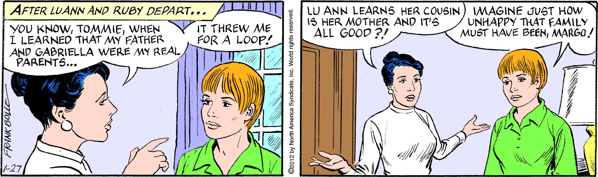 Finger OCR: AFTER LUANN AND RUBY DEPART... LU ANN LEARNS HER COUSIN 1S HER MOTHER AND IT'S ALL GOOD ?! MAGINE JUST HOW UNHAPPY THAT FAMILY MUST HAVE BÉENMARGO ! IT THREW E FOR A LOOP! YOU KNOWWHEN I LEARNED THAT MY FATHER AND GABRIELLA WERE MY REAL PARENTS... -27 FRANK BOLLE D2012 by North America SyndicateInc. World rights reserved. AFTER LUANN AND RUBY DEPART... LU ANN LEARNS HER COUSIN 1S HER MOTHER AND IT'S ALL GOOD ?! MAGINE JUST HOW UNHAPPY THAT FAMILY MUST HAVE BÉENMARGO ! IT THREW E FOR A LOOP! YOU KNOWWHEN I LEARNED THAT MY FATHER AND GABRIELLA WERE MY REAL PARENTS... -27 FRANK BOLLE D2012 by North America SyndicateInc. World rights reserved.