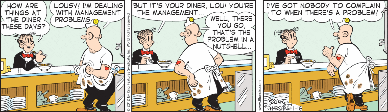 Comics OCR: BUT IT'S YOUR DINERLOU! YOU'RE THE MANAGEMENT... HOW ARE THINGS AT THE DINER THESE DAYS? LOUSY! I'M DEALING WITH MANAGEMENT PROBLEMS I'VE GOT NOBODY TO COMPLAIN TO WHEN THERE'S A PROBLEM! WELLTHERE YOU GOTHAT'S THE PROBLEM IN A NUTSHELL... MARSHAI-18 BUT IT'S YOUR DINERLOU! YOU'RE THE MANAGEMENT... HOW ARE THINGS AT THE DINER THESE DAYS? LOUSY! I'M DEALING WITH MANAGEMENT PROBLEMS I'VE GOT NOBODY TO COMPLAIN TO WHEN THERE'S A PROBLEM! WELLTHERE YOU GOTHAT'S THE PROBLEM IN A NUTSHELL... MARSHAI-18