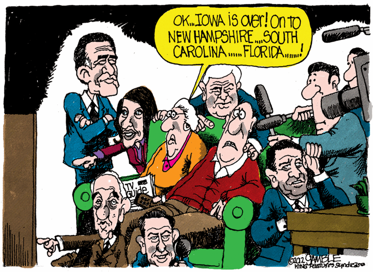 Illustration OCR: OK„IOWA IS CUer! On to NEW HAMPSHIRE.SOUTH 1. CAROLINA .. FLORIDA. KING FETU Syndiease OK„IOWA IS CUer! On to NEW HAMPSHIRE.SOUTH 1. CAROLINA .. FLORIDA. KING FETU Syndiease