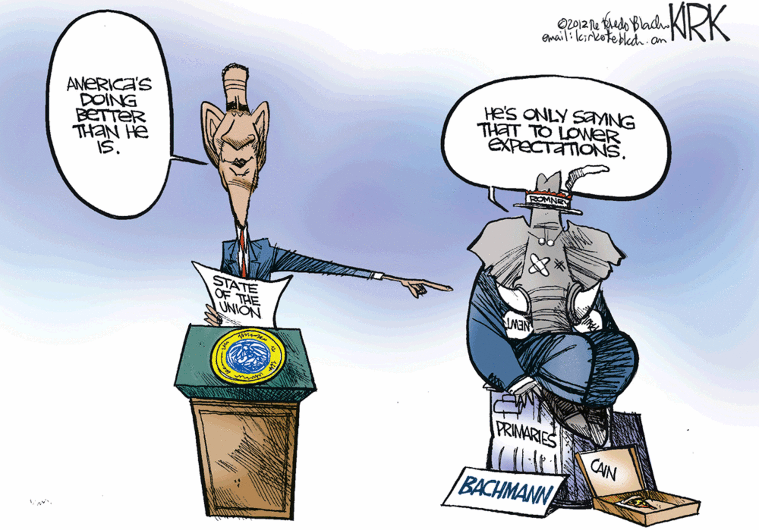 Clip art OCR: OL012 le edo Bladh email: kirkoteblkdh.am KRK AMERICA'S DOING BETTER He's ONLY SAYNG THAT TO LOWER EXPECTATIONS. IS. ?H NEHL ROMNEY STATE OF THE UNION IMEIN PRIMARIES CAIN BACHMANN OL012 le edo Bladh email: kirkoteblkdh.am KRK AMERICA'S DOING BETTER He's ONLY SAYNG THAT TO LOWER EXPECTATIONS. IS. ?H NEHL ROMNEY STATE OF THE UNION IMEIN PRIMARIES CAIN BACHMANN
