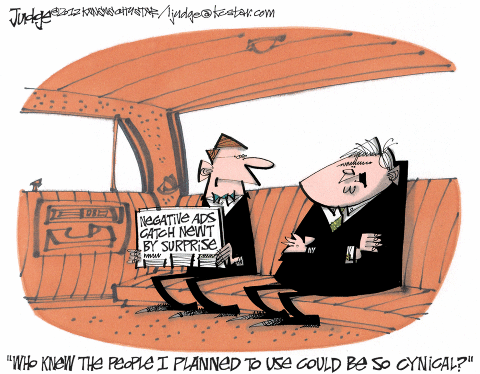 Clip art OCR: TAR/ljudge@kestar.com NEGATIVE ADS CATCH NEWT BY SURPRISE wwww "WHO KNEW THE PEPLE I PLANNED To Use COULD Be so CYNICAL?" ... TAR/ljudge@kestar.com NEGATIVE ADS CATCH NEWT BY SURPRISE wwww "WHO KNEW THE PEPLE I PLANNED To Use COULD Be so CYNICAL?" ...