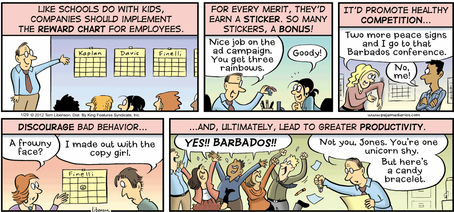 Comic book OCR: LIKE SCHOOLS DO WITH KIDSCOMPANIES SHOULD IMPLEMENT THE REWARD CHART FOR EMPLOYEES. FOR EVERY MERITTHEY'D EARN A STICKER. SO MANY STICKERSA BONUS! IT'D PROMOTE HEALTHY COMPETITION... Two more peace signs and I go to that Barbados conference. Nice job on the ad campaign. You get three rainbows. Kaplan Goody! Nome! 1/29 © 2012 Terri LibensonInc. www.pajamadiaries.com DISCOURAGE BAD BEHAVIOR... ..ANDLEAD TO GREATER PRODUCTIVITY. Not youJones. You're one unicorn shy. But here's a candy bracelet. YES! BARBADOS! A frowny face? I made out with the copy girl. Finelli Libenson LIKE SCHOOLS DO WITH KIDSCOMPANIES SHOULD IMPLEMENT THE REWARD CHART FOR EMPLOYEES. FOR EVERY MERITTHEY'D EARN A STICKER. SO MANY STICKERSA BONUS! IT'D PROMOTE HEALTHY COMPETITION... Two more peace signs and I go to that Barbados conference. Nice job on the ad campaign. You get three rainbows. Kaplan Goody! Nome! 1/29 © 2012 Terri LibensonDist. By King Features SyndicateInc. www.pajamadiaries.com DISCOURAGE BAD BEHAVIOR... ..ANDLEAD TO GREATER PRODUCTIVITY. Not youJones. You're one unicorn shy. But here's a candy bracelet. YES! BARBADOS! A frowny face? I made out with the copy girl. Finelli Libenson