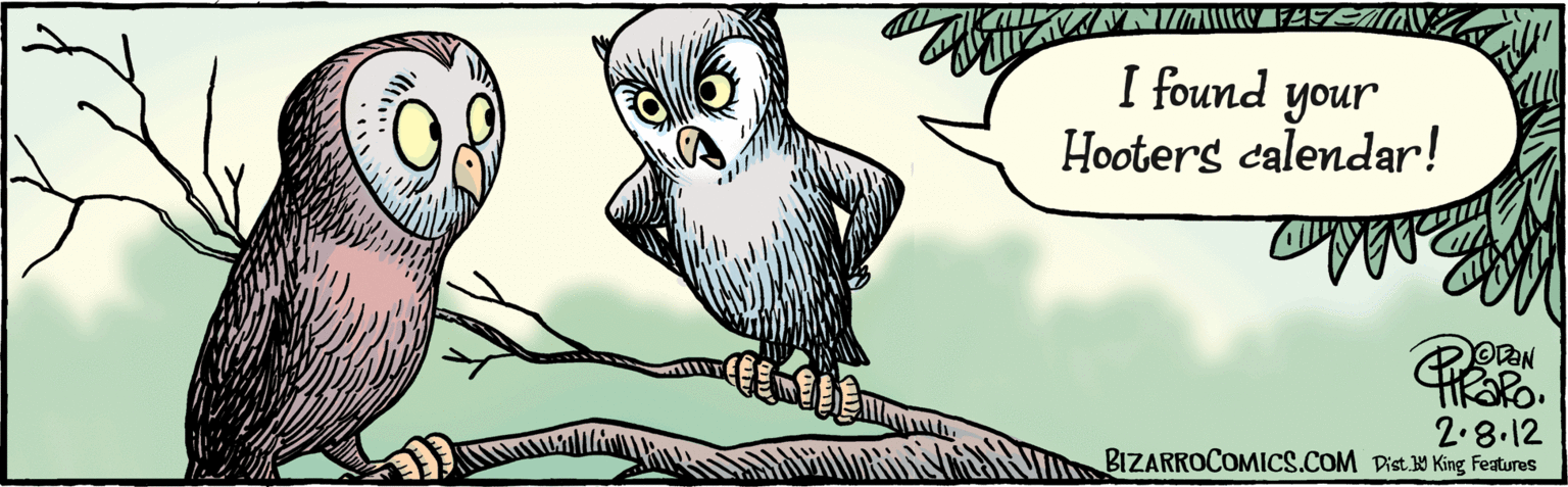 Beak OCR: I found your Hooters calendar! 2:8.12 BIZARROCOMICS.COM Dist 9 King featuras I found your Hooters calendar! 2:8.12 BIZARROCOMICS.COM Dist 9 King featuras