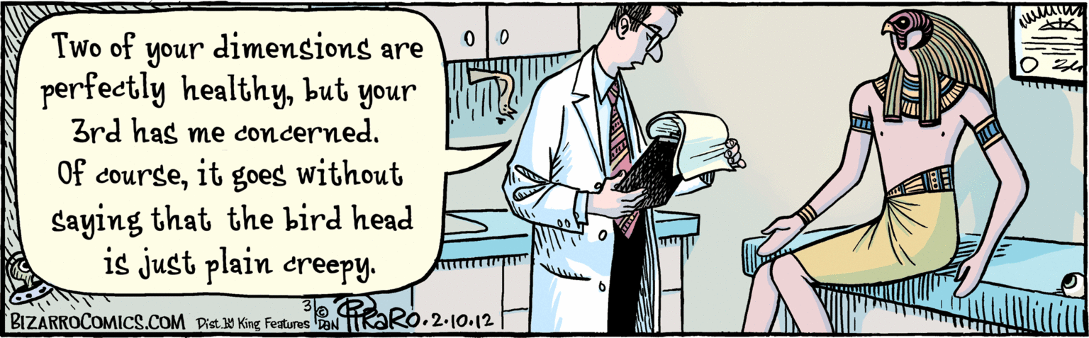 Humour OCR: Two of your dimensions are perfectly healthybut your 3rd has me concerned. Of courseit goes without saying that the bird head is just plain creepY. OVAN BIZARROCOMICS.COM 2.10.12 Dist 9 King Fatures Two of your dimensions are perfectly healthybut your 3rd has me concerned. Of courseit goes without saying that the bird head is just plain creepY. OVAN BIZARROCOMICS.COM 2.10.12 Dist 9 King Fatures