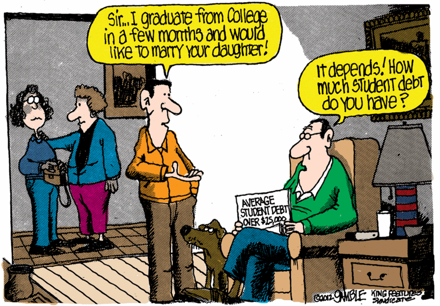 Conversation OCR: Sir. I graduate from College in a few months and waurd Tike to marry YOur daughter It depends! How Much STudent debT do you have? AVERAGE STUDENT DEBT SOLER $25000 ndieare Sir. I graduate from College in a few months and waurd Tike to marry YOur daughter It depends! How Much STudent debT do you have? AVERAGE STUDENT DEBT SOLER $25000 ndieare