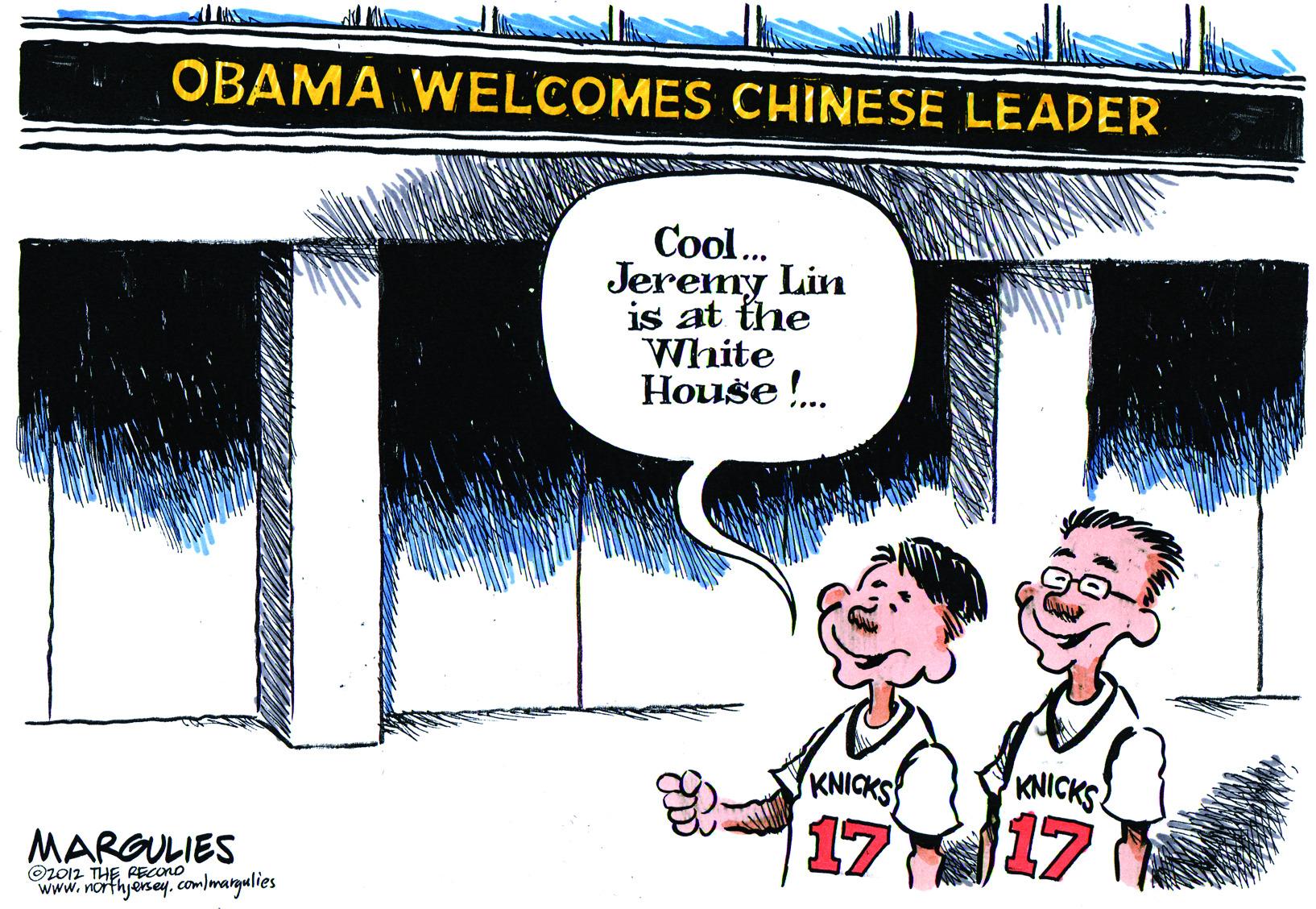 Rectangle OCR: OBAMA WELCOMES CHINESE LEADER Cool. Jeremy Lin is at the White House !. KNICKS KNICKS 17 17 MARGULIES ©2012 THE RECORO www.northjeney.com/margulies OBAMA WELCOMES CHINESE LEADER Cool. Jeremy Lin is at the White House !. KNICKS KNICKS 17 17 MARGULIES ©2012 THE RECORO www.northjeney