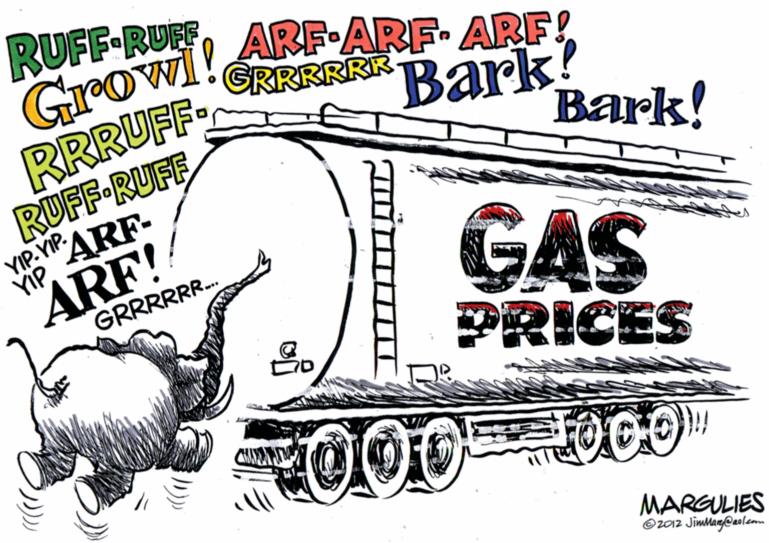 Drawing OCR: Growi! RRRUFF- RUFF RUFF RUFF RUEF ARF ARF ARF! GRRRRKE Bark! ?ark! YIP-YIP. YIP. GAS PRICES ARF!! GRRRRRR. 000 MARGULIES Oz012 JimlagCaoleom Growi! RRRUFF- RUFF RUFF RUFF RUEF ARF ARF ARF! GRRRRKE Bark! ?ark! YIP-YIP. YIP. GAS PRICES ARF!! GRRRRRR. 000 MARGULIES Oz012 JimlagCaoleom