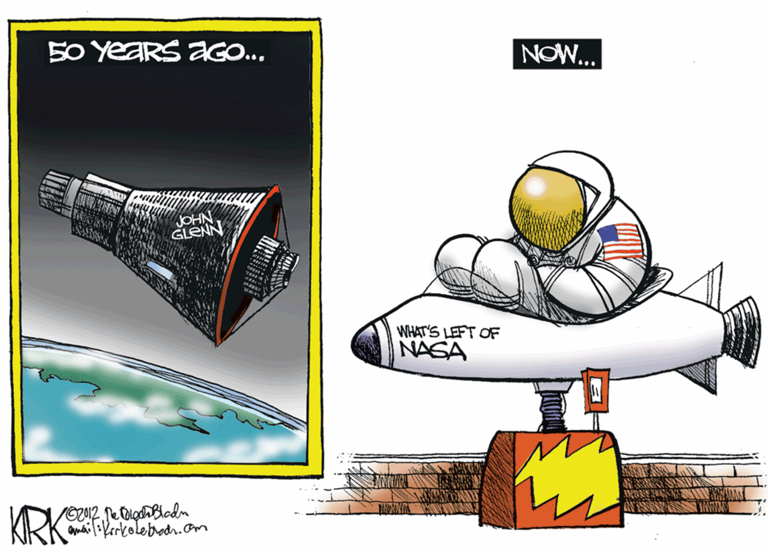 Graphic design OCR: 50 YEARS aGO... NOW... JOHN GLENN WHAT'S LEFT OF NASA KRKE 50 YEARS aGO... NOW... JOHN GLENN WHAT'S LEFT OF NASA KRKE