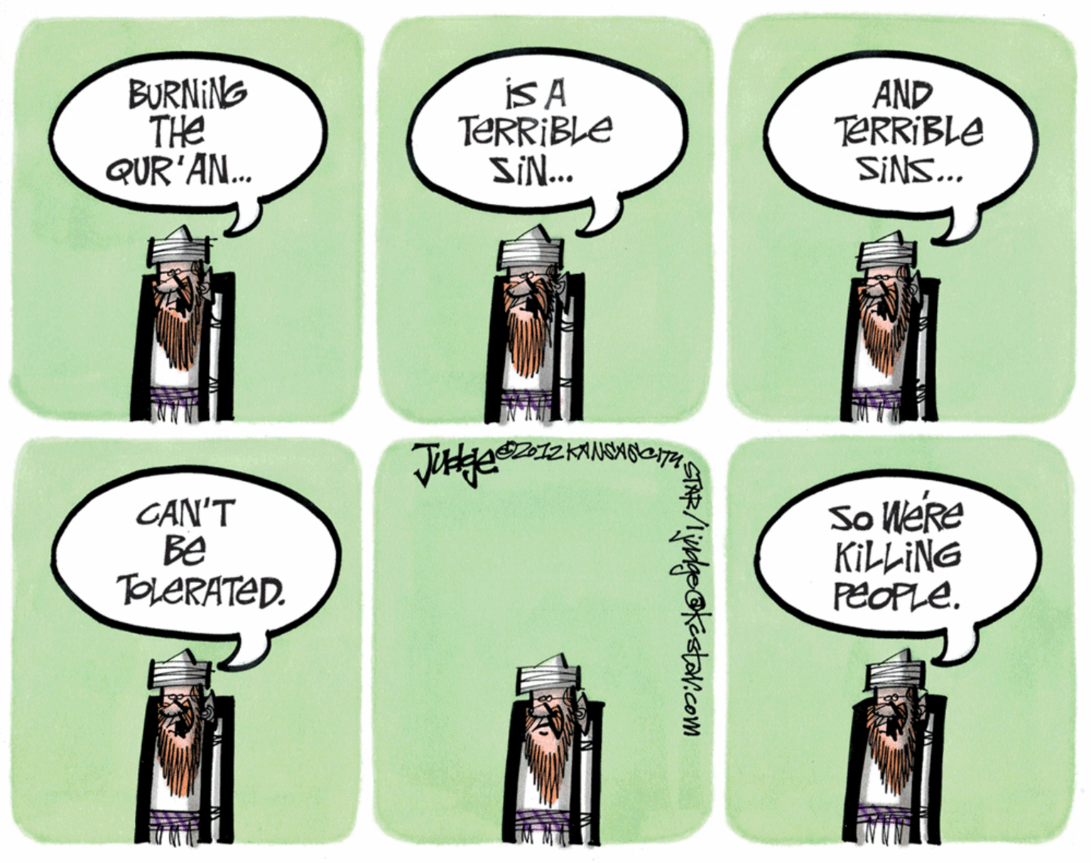 Rectangle OCR: BURNING THe QUR'AN. IS A TERRIBLE SIN.. AND TERRIBLE SINS.. CAN'T Be TOLERATED. So Were KILLING PEOPLE. STAR/! okestavi.com BURNING THe QUR'AN. IS A TERRIBLE SIN.. AND TERRIBLE SINS.. CAN'T Be TOLERATED. So Were KILLING PEOPLE. STAR/! okestavi.com
